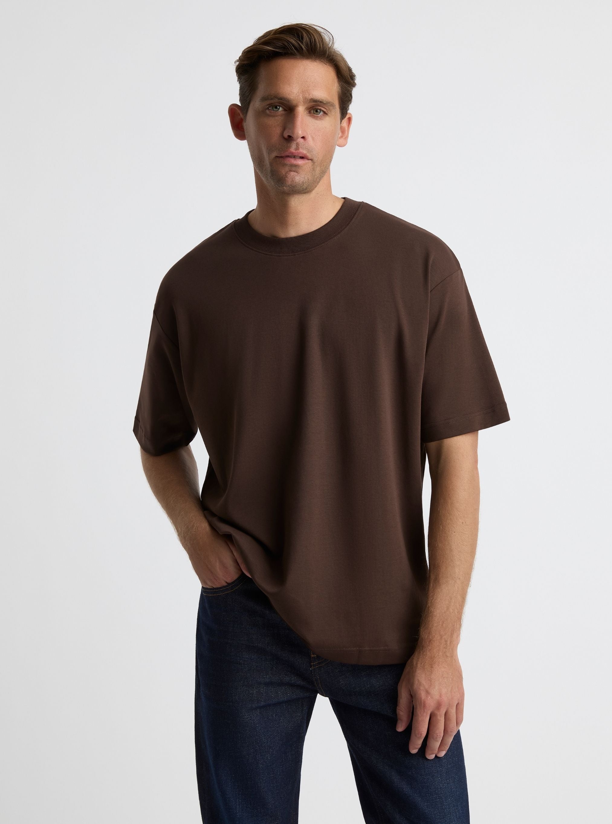 Dark Brown|Good Earth Cotton® Oversized Tee – Sustainable Cotton T-shirt|Broed is 6'1" and wearing a size L