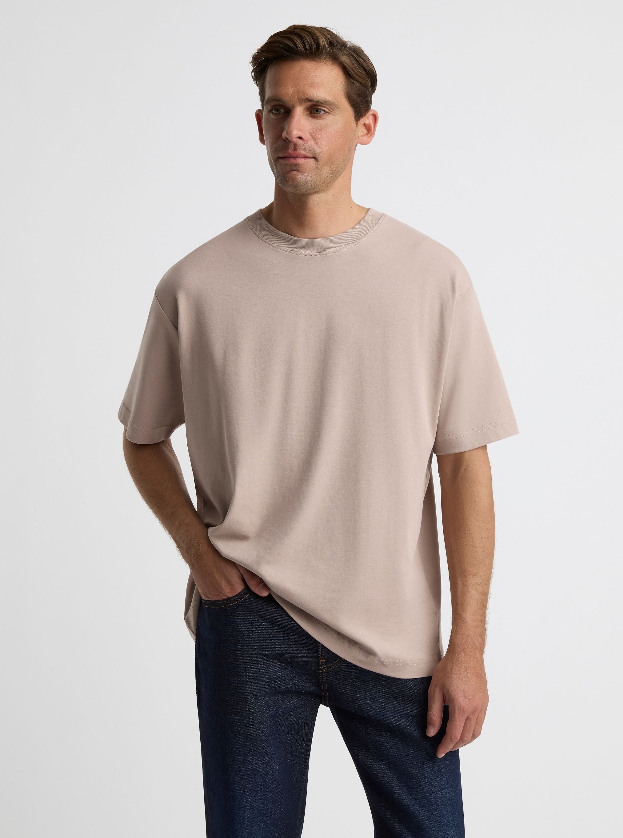 Mushroom|Good Earth Cotton® Oversized Tee – Sustainable Cotton T-shirt|Broed is 6'1" and wearing a size L
