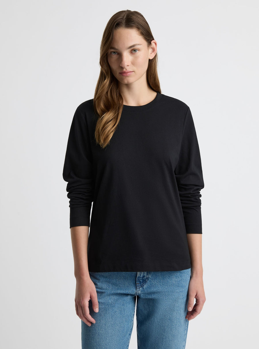 Black|Good Earth Cotton® Long Sleeve Tee – Sustainable Cotton T-shirt|Zenya is 5'10" (178cm) — wearing size S (AU 10)