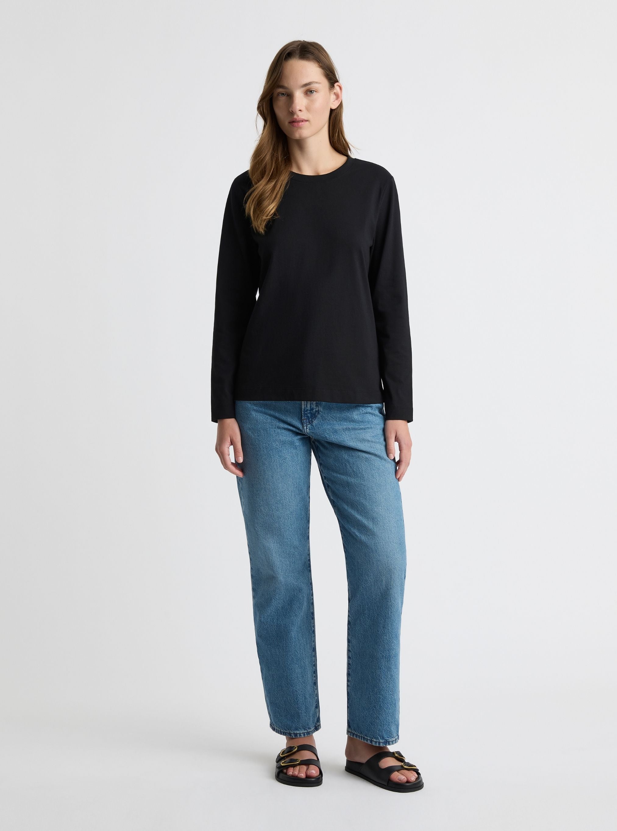 Black|Good Earth Cotton® Long Sleeve Tee – Sustainable Cotton T-shirt|Zenya is 5'10" (178cm) — wearing size S (AU 10)