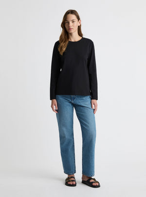 Black|Good Earth Cotton® Long Sleeve Tee – Sustainable Cotton T-shirt|Zenya is 5'10" (178cm) — wearing size S (AU 10)
