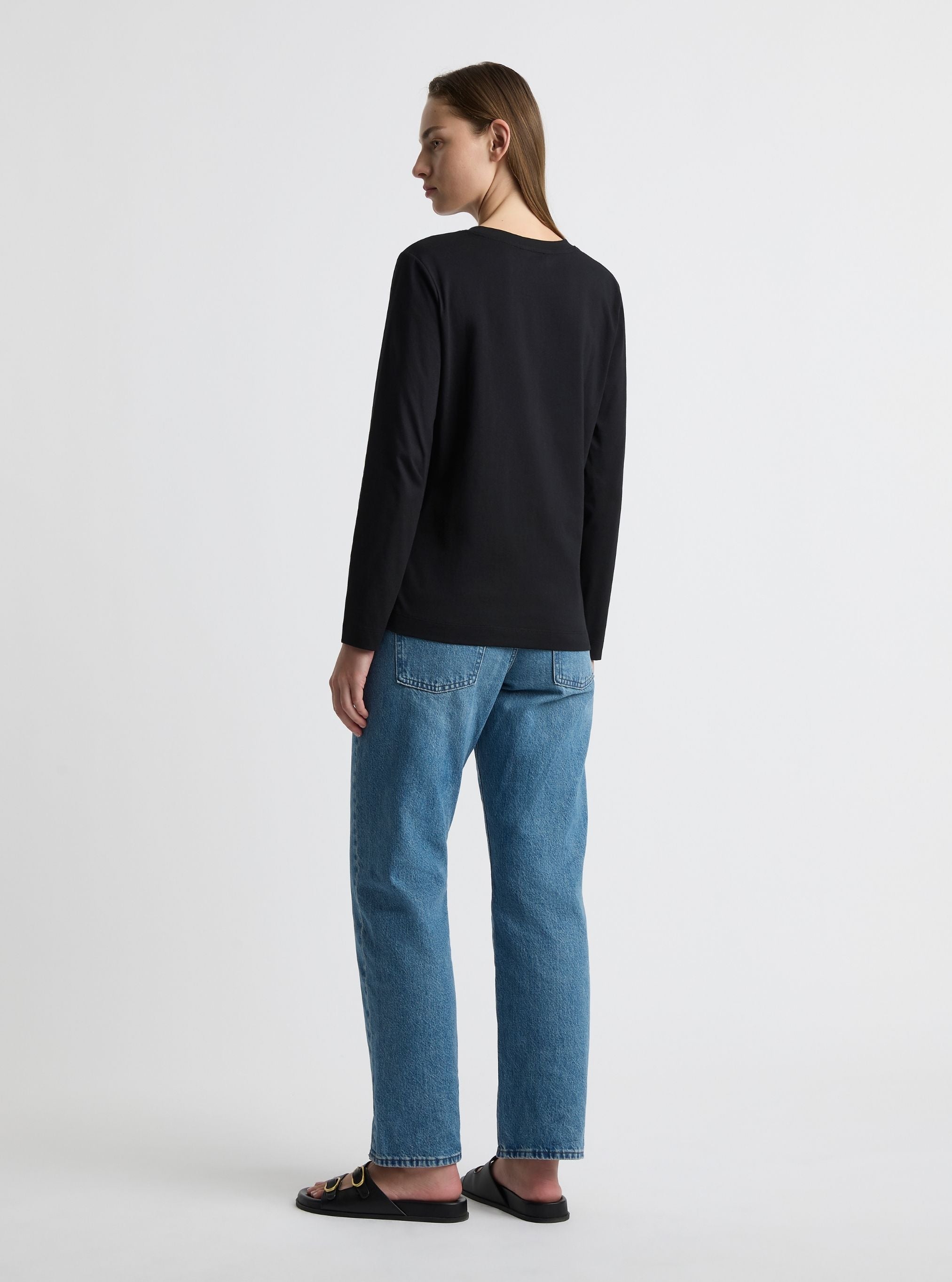 Black|Good Earth Cotton® Long Sleeve Tee – Sustainable Cotton T-shirt|Zenya is 5'10" (178cm) — wearing size S (AU 10)