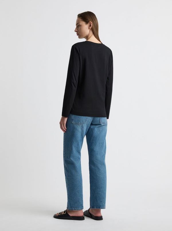 Black|Good Earth Cotton® Long Sleeve Tee – Sustainable Cotton T-shirt|Zenya is 5'10" (178cm) — wearing size S (AU 10)