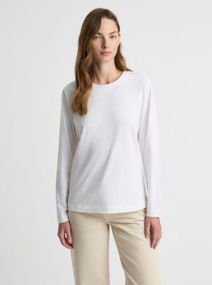 White|Good Earth Cotton® Long Sleeve Tee – Sustainable Cotton T-shirt|Zenya is 5'10" and wearing a size S