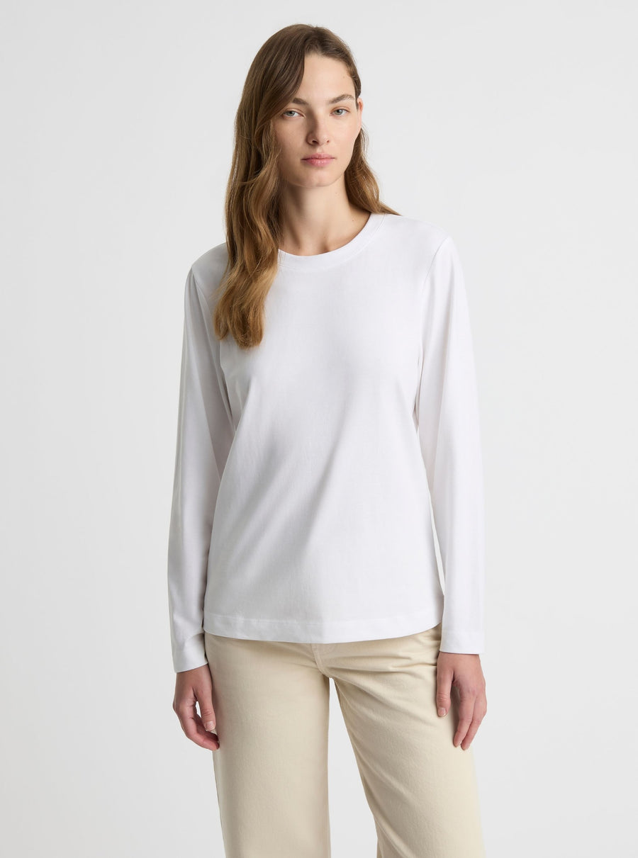 White|Good Earth Cotton® Long Sleeve Tee – Sustainable Cotton T-shirt|Zenya is 5'10" and wearing a size S
