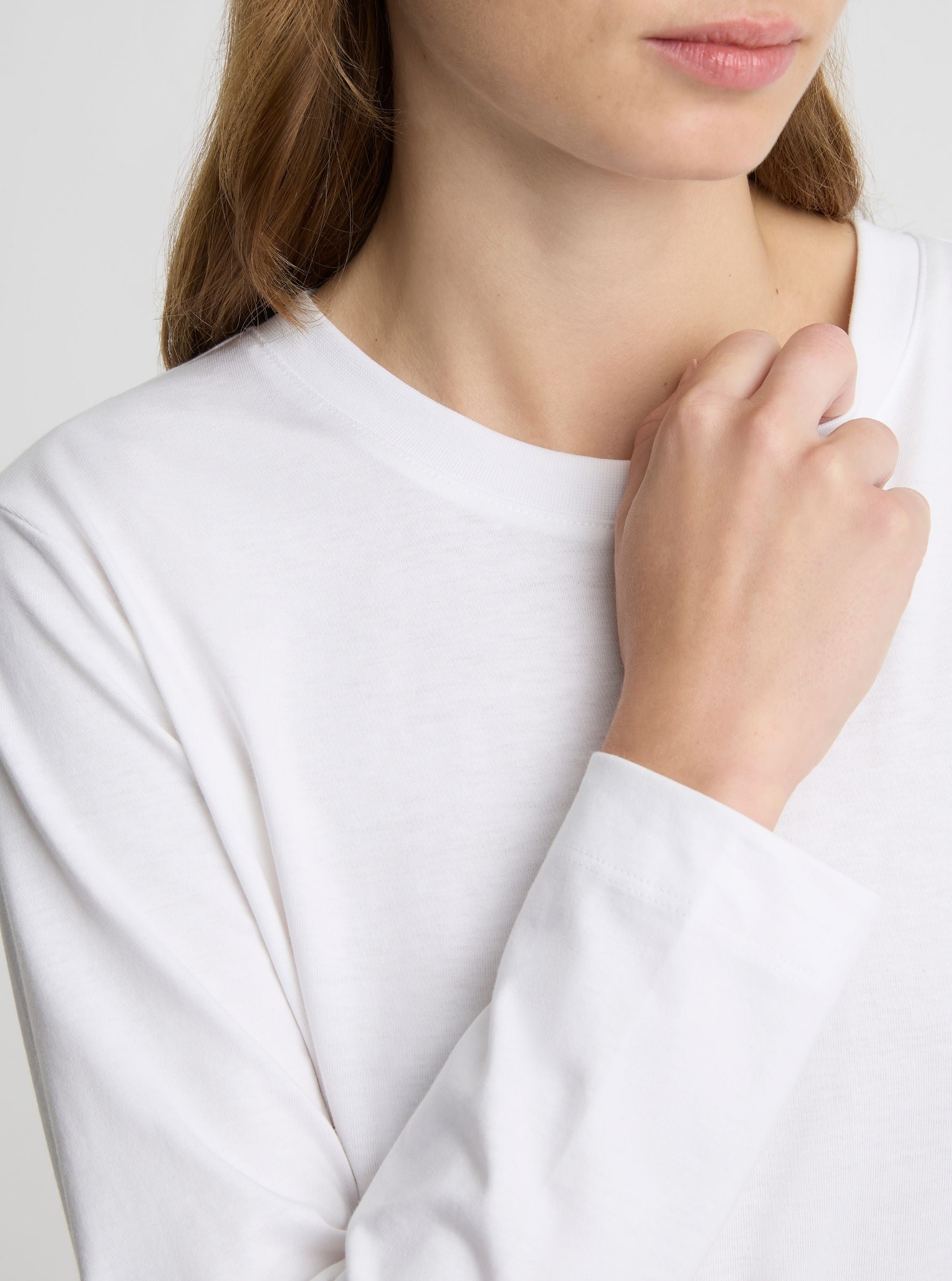 White|Good Earth Cotton® Long Sleeve Tee – Sustainable Cotton T-shirt|Zenya is 5'10" and wearing a size S