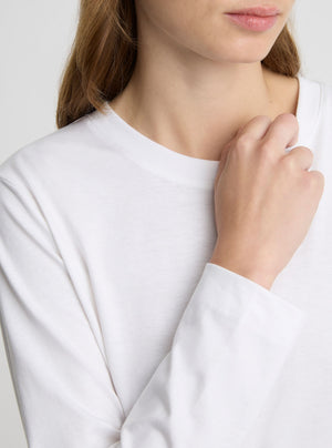 White|Good Earth Cotton® Long Sleeve Tee – Sustainable Cotton T-shirt|Zenya is 5'10" and wearing a size S