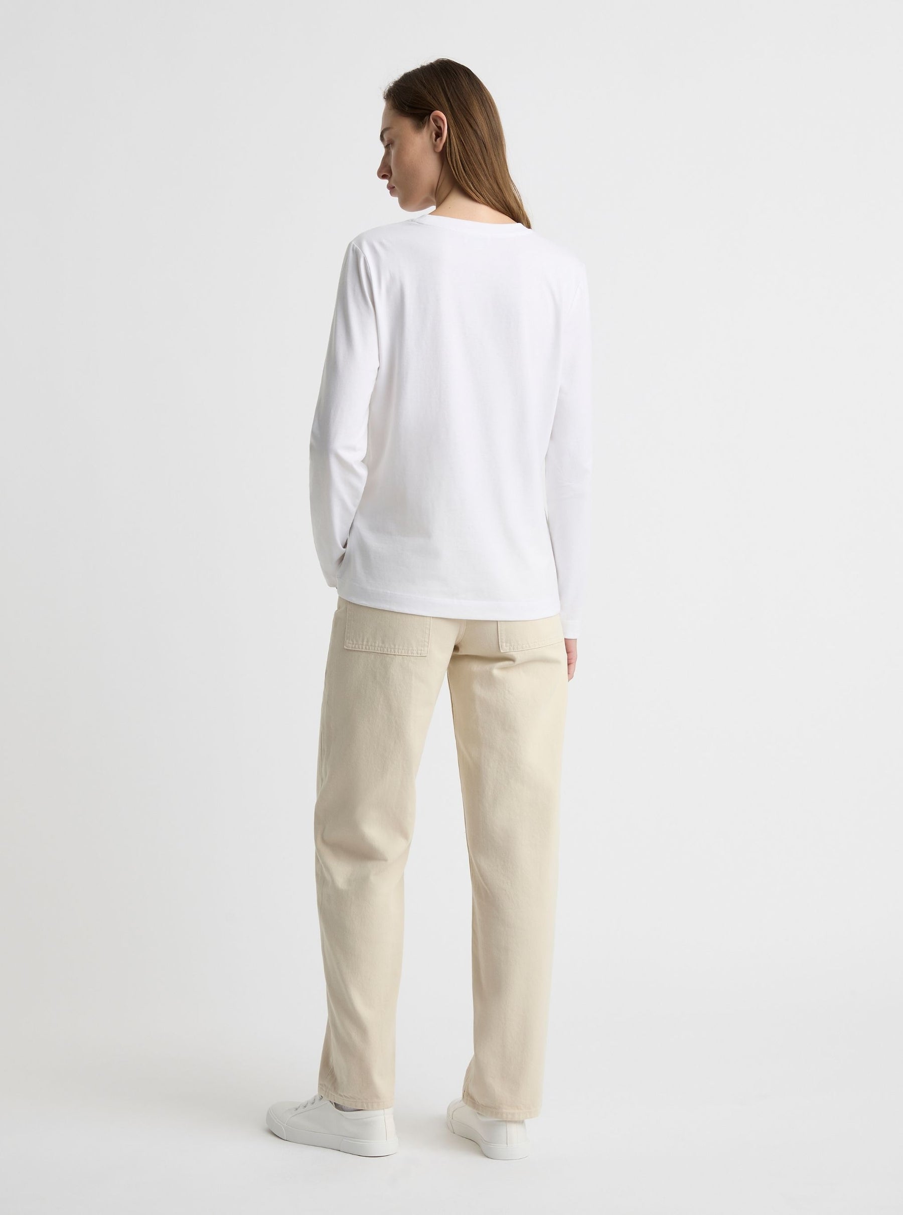White|Good Earth Cotton® Long Sleeve Tee – Sustainable Cotton T-shirt|Zenya is 5'10" and wearing a size S