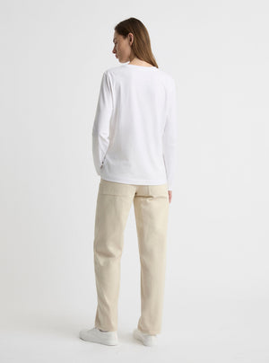 White|Good Earth Cotton® Long Sleeve Tee – Sustainable Cotton T-shirt|Zenya is 5'10" and wearing a size S