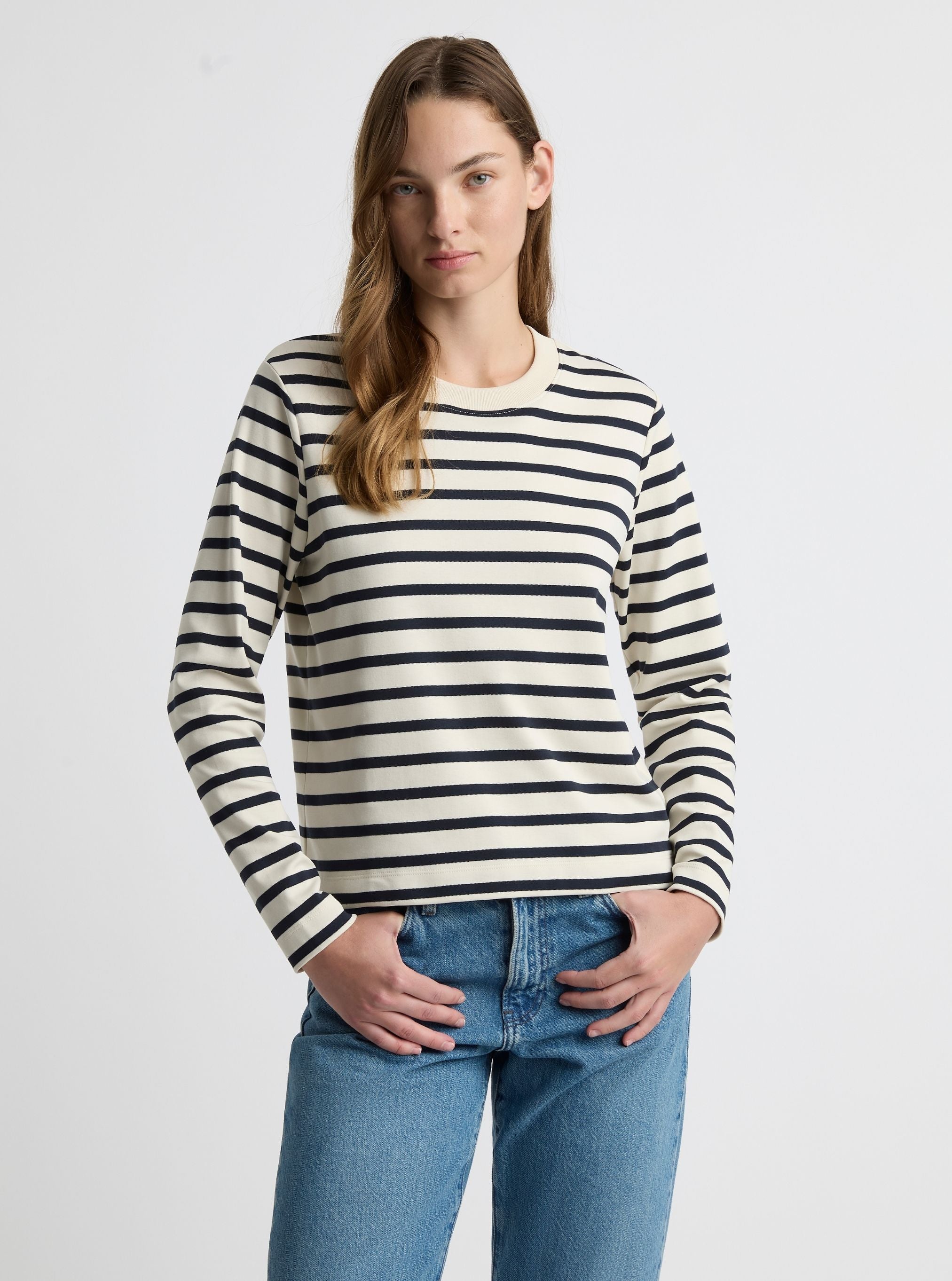 Stripe Off White/Navy|Zenya is 5'10" and wearing a size S