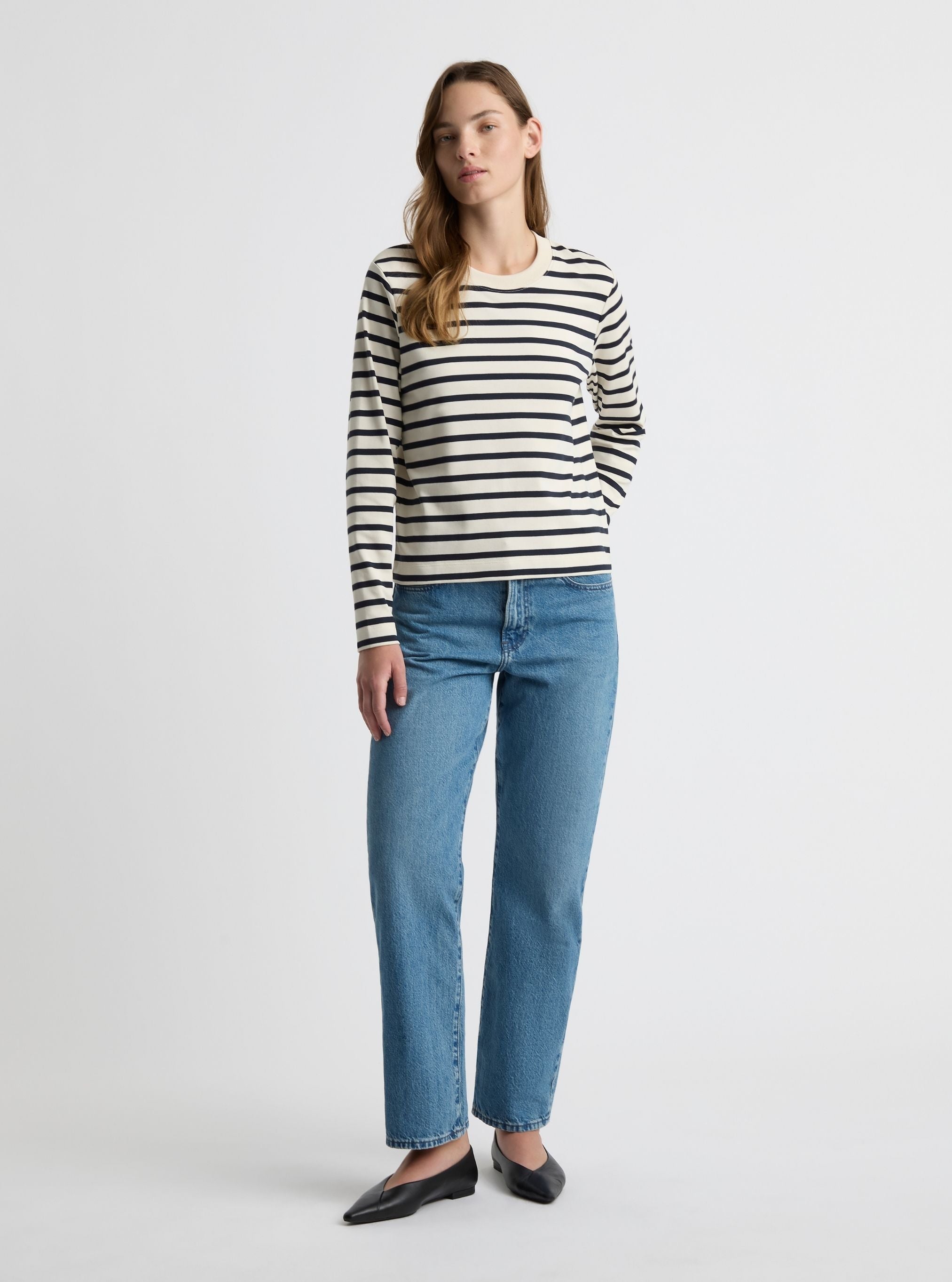 Stripe Off White/Navy|Zenya is 5'10" and wearing a size S