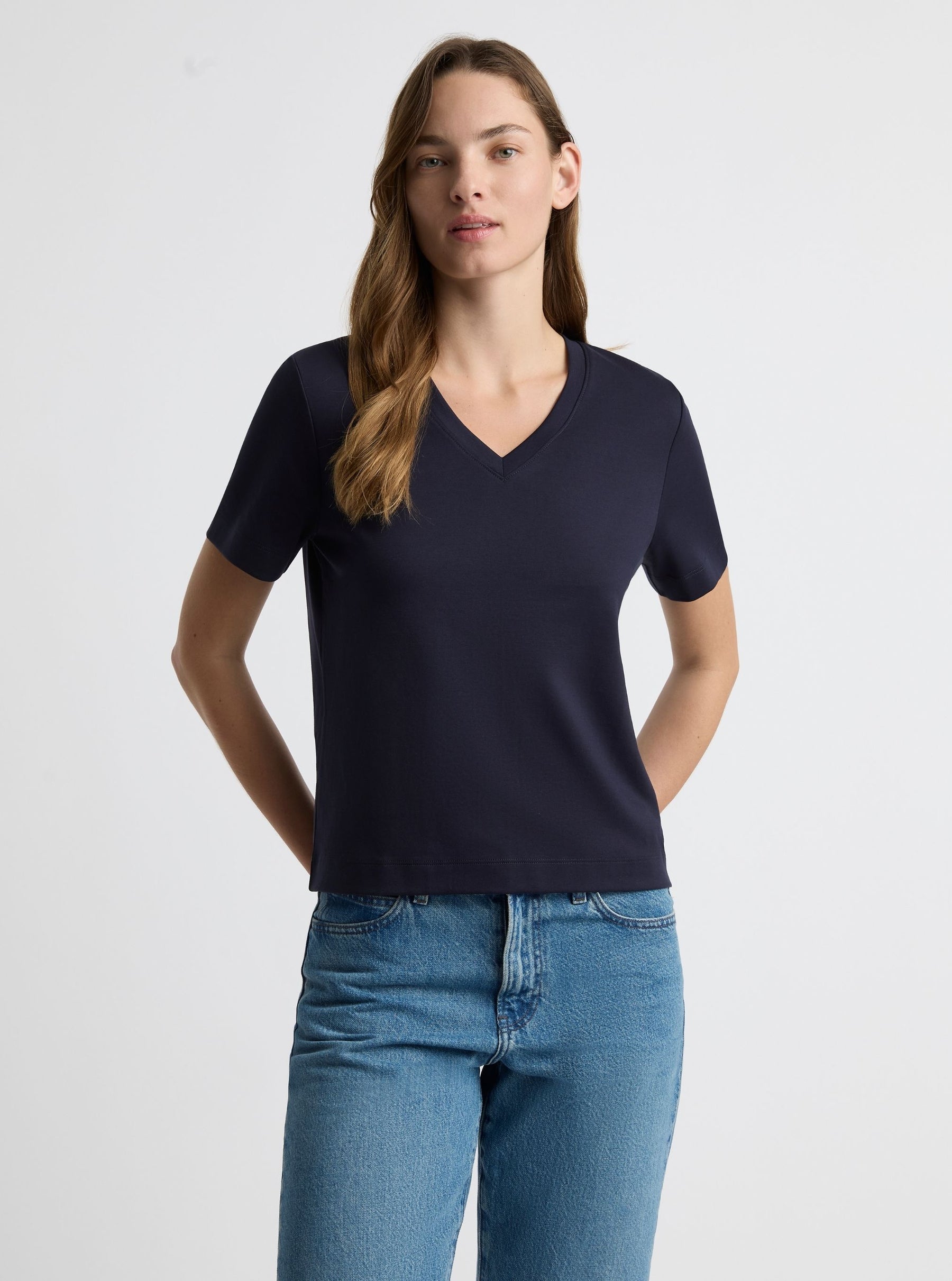 Navy|Zenya is 5'10" and wearing a size S