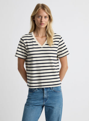 Stripe Off White/Navy|Amelia is 5'11" and wearing a size S