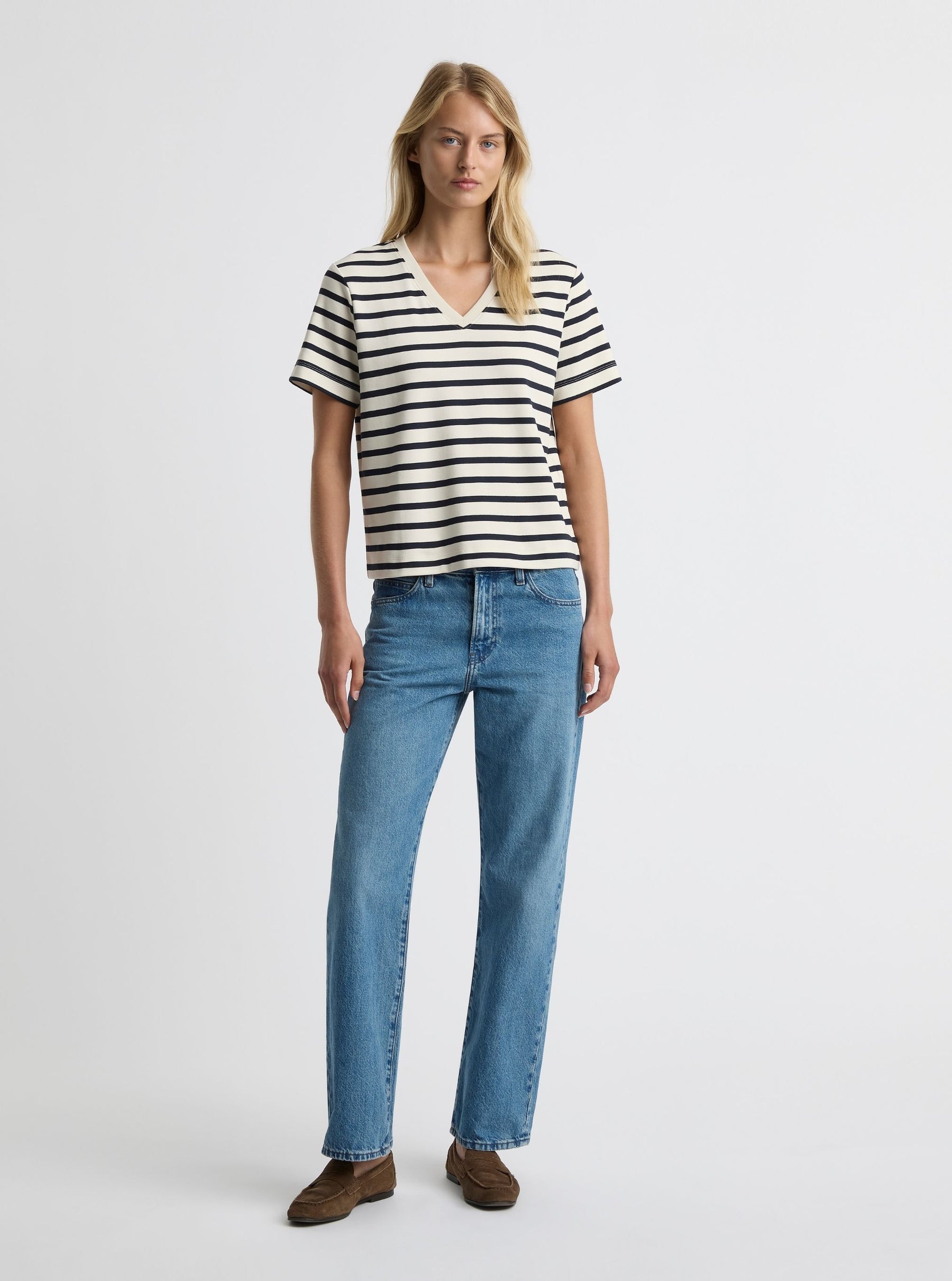 Stripe Off White/Navy|Amelia is 5'11" and wearing a size S