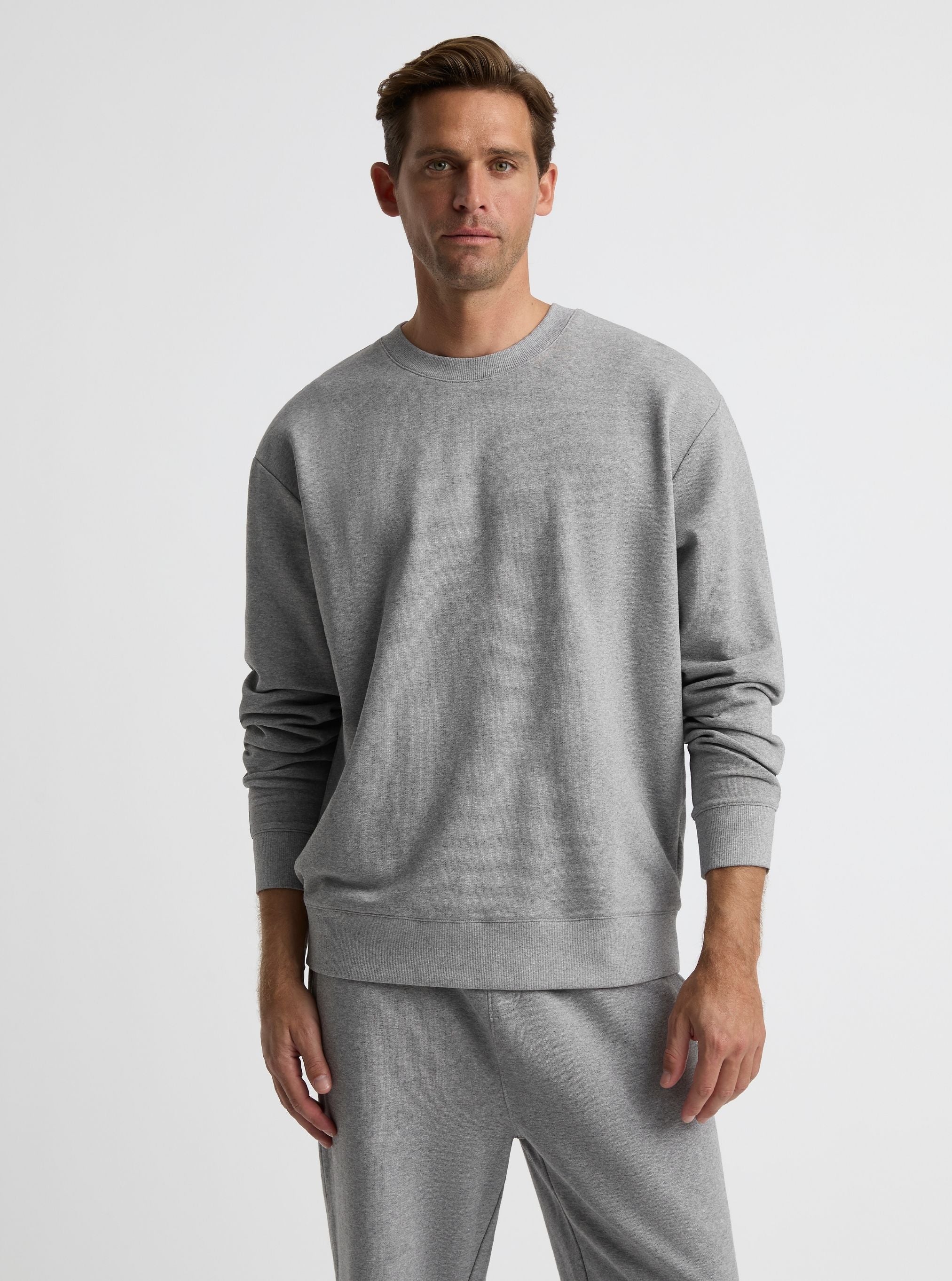 Grey Marl|Good Earth Cotton® Sweatshirts – Sustainable Cotton Sweatshirts|Broed is 6'1" and wearing a size L