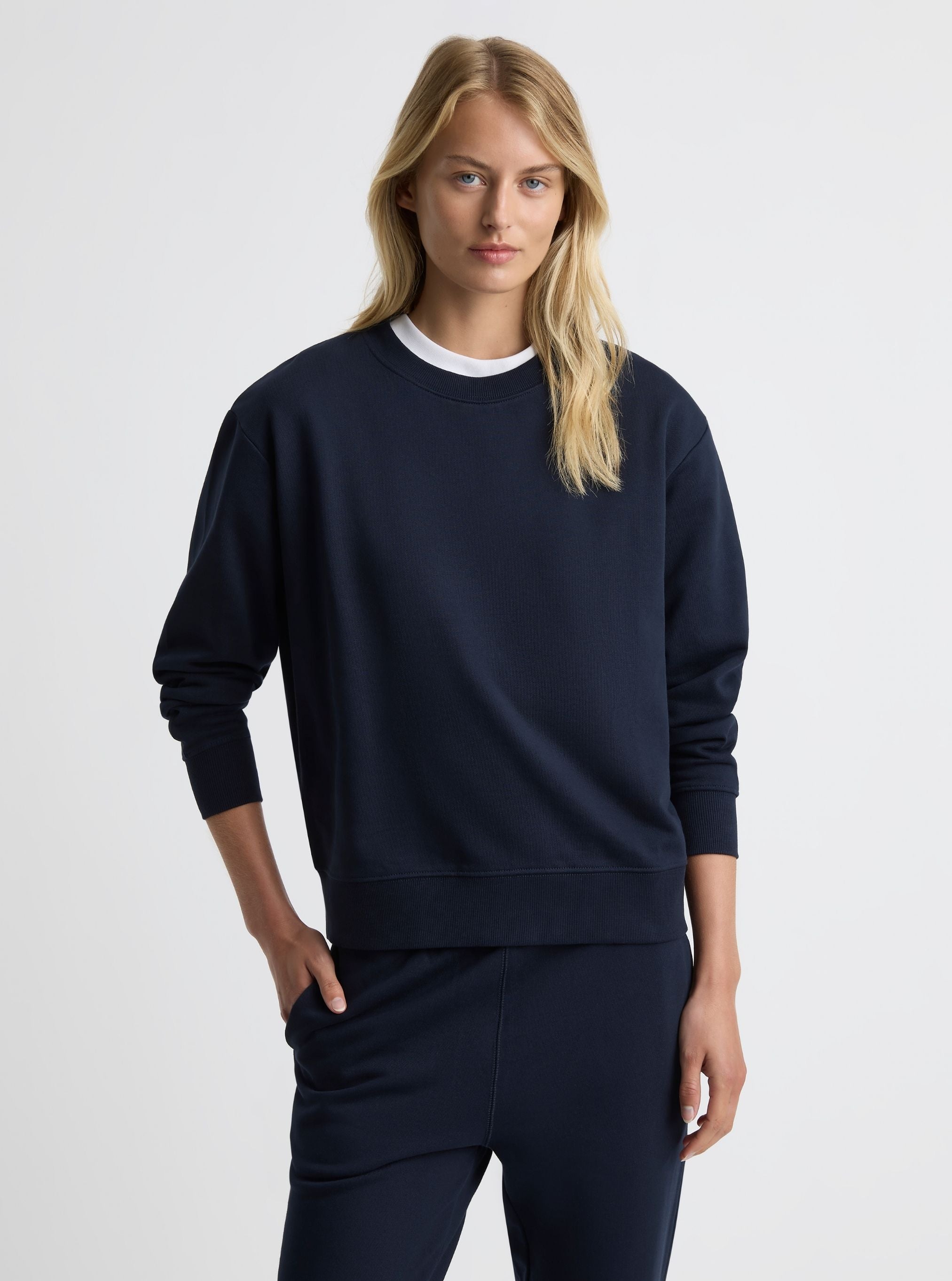 Navy|Good Earth Cotton® Sweatshirts – Sustainable Cotton Sweatshirts|Amelia is 5'11" and wearing a size S