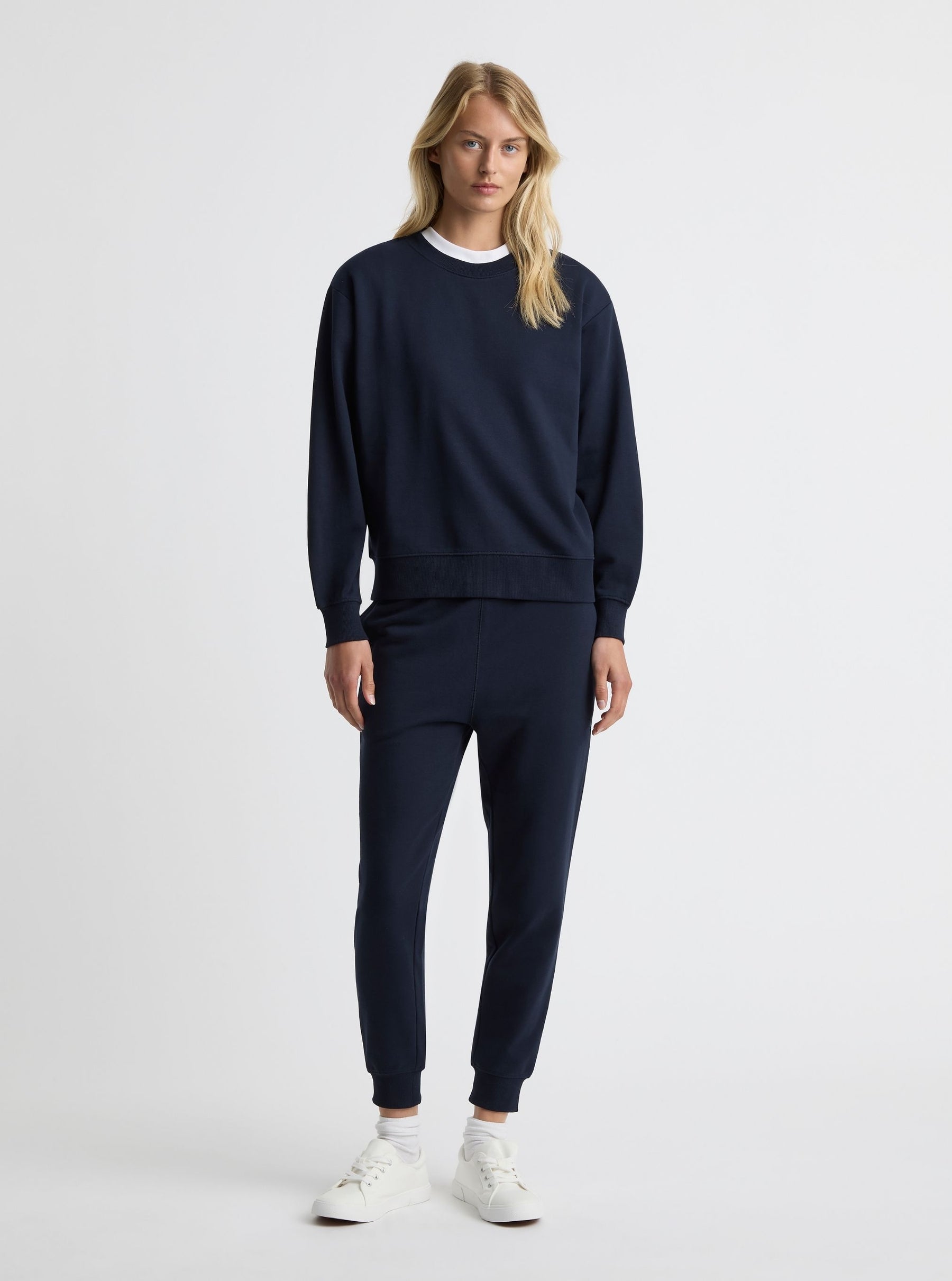 Navy|Good Earth Cotton® Sweatshirts – Sustainable Cotton Sweatshirts|Amelia is 5'11" and wearing a size S