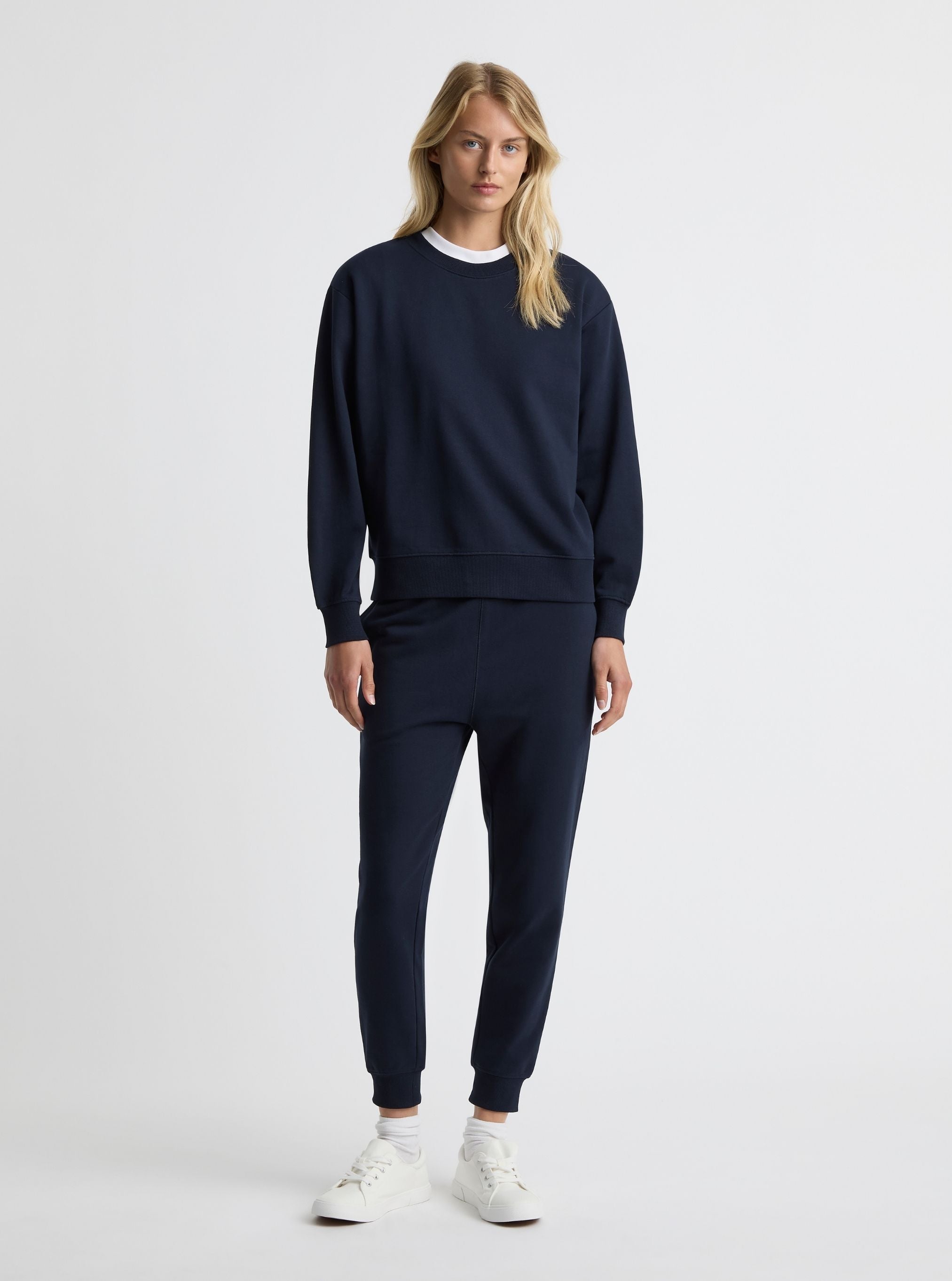 Navy|Good Earth Cotton® Sweatshirts – Sustainable Cotton Sweatshirts|Amelia is 5'11" and wearing a size S