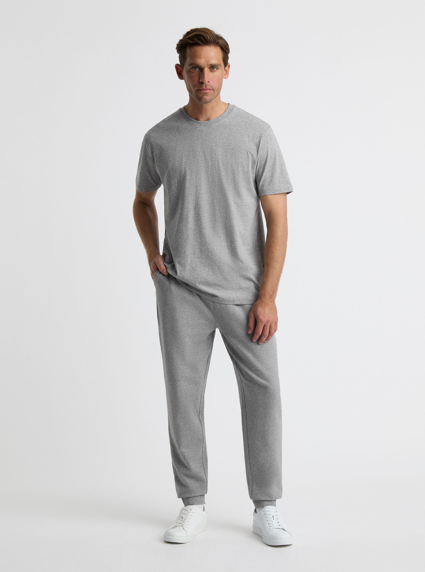 Grey Marl|Good Earth Cotton® Sweatpants for men – Sustainable Cotton Sweatpants|Broed is 6'1" and wearing a size L