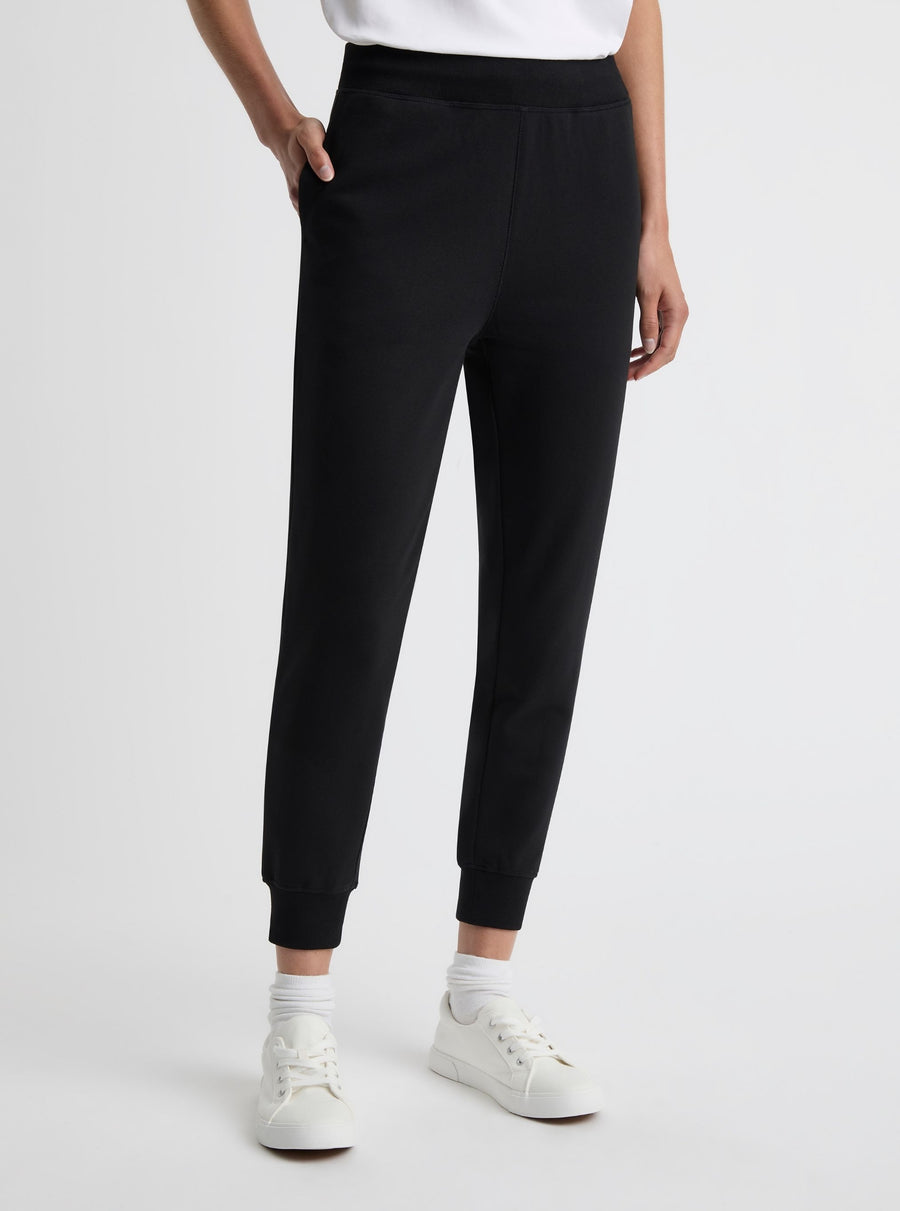 Black|Good Earth Cotton® Sweatpants for women – Sustainable Cotton Sweatpants|Amelia is 5'11" and wearing a size S