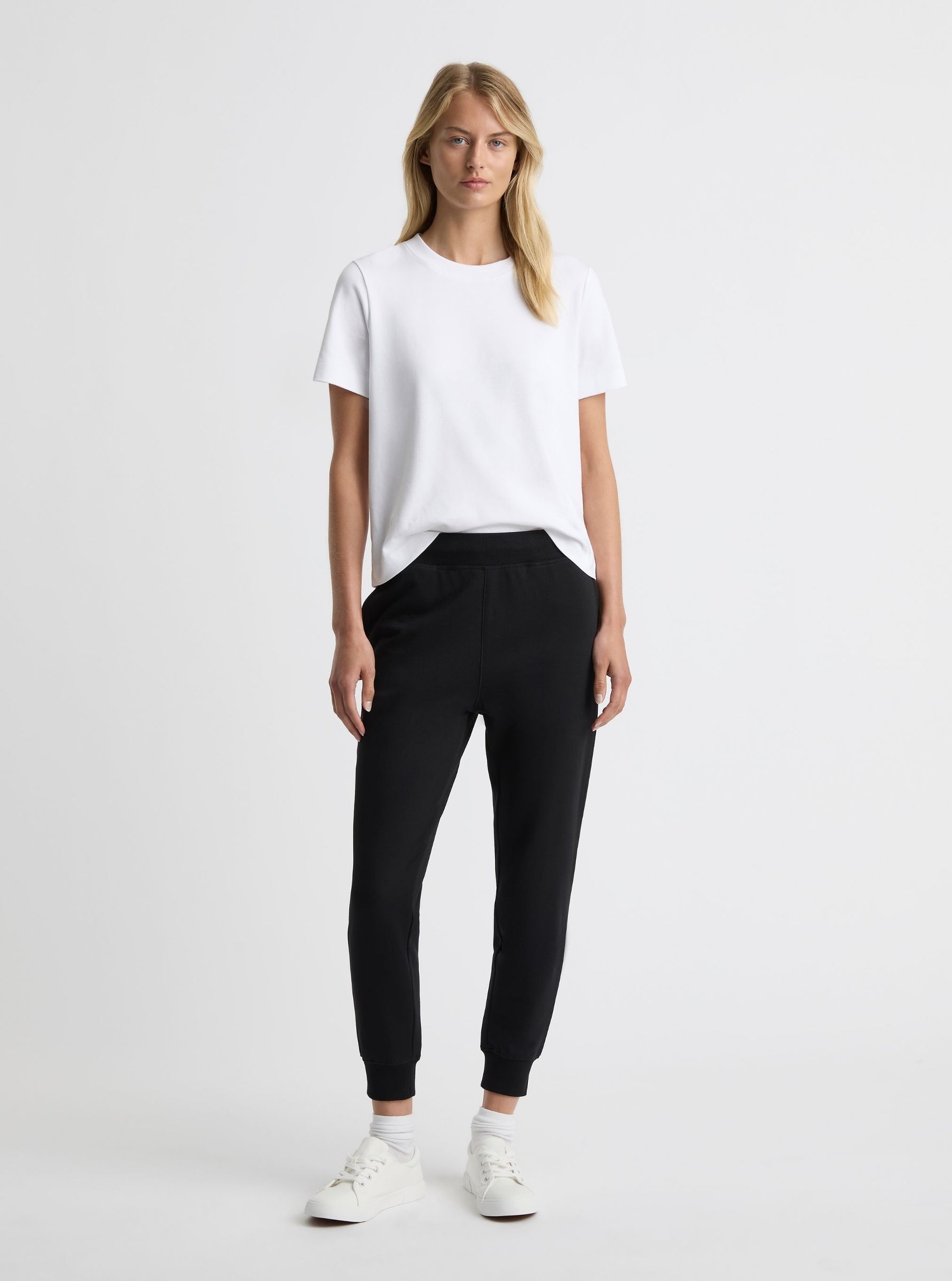 Black|Good Earth Cotton® Sweatpants for women – Sustainable Cotton Sweatpants|Amelia is 5'11" and wearing a size S