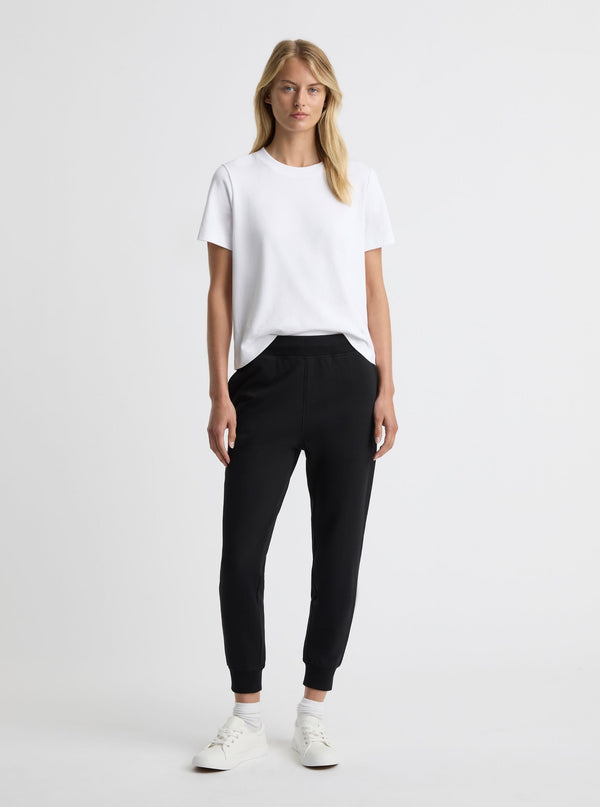Black|Good Earth Cotton® Sweatpants for women – Sustainable Cotton Sweatpants|Amelia is 5'11" and wearing a size S
