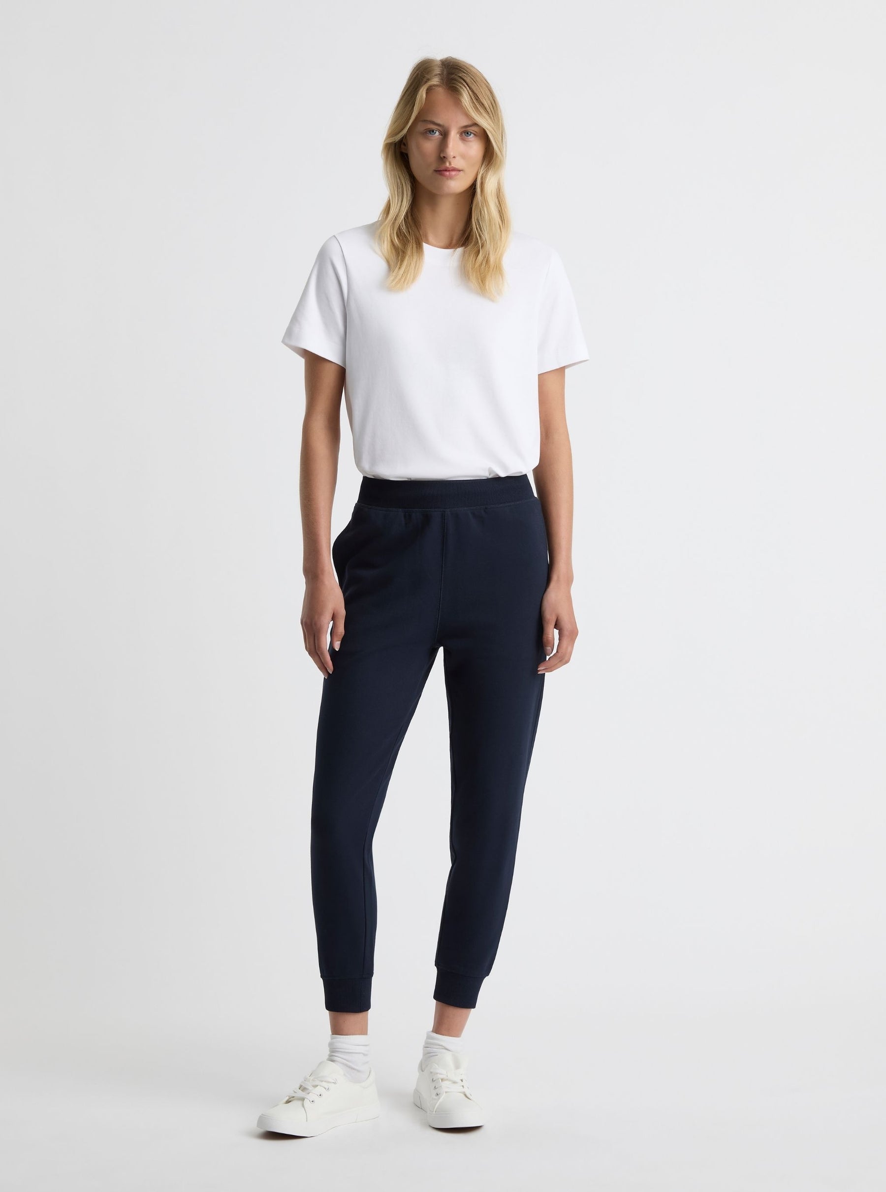 Navy|Good Earth Cotton® Sweatpants for women – Sustainable Cotton Sweatpants|Amelia is 5'11" and wearing a size S