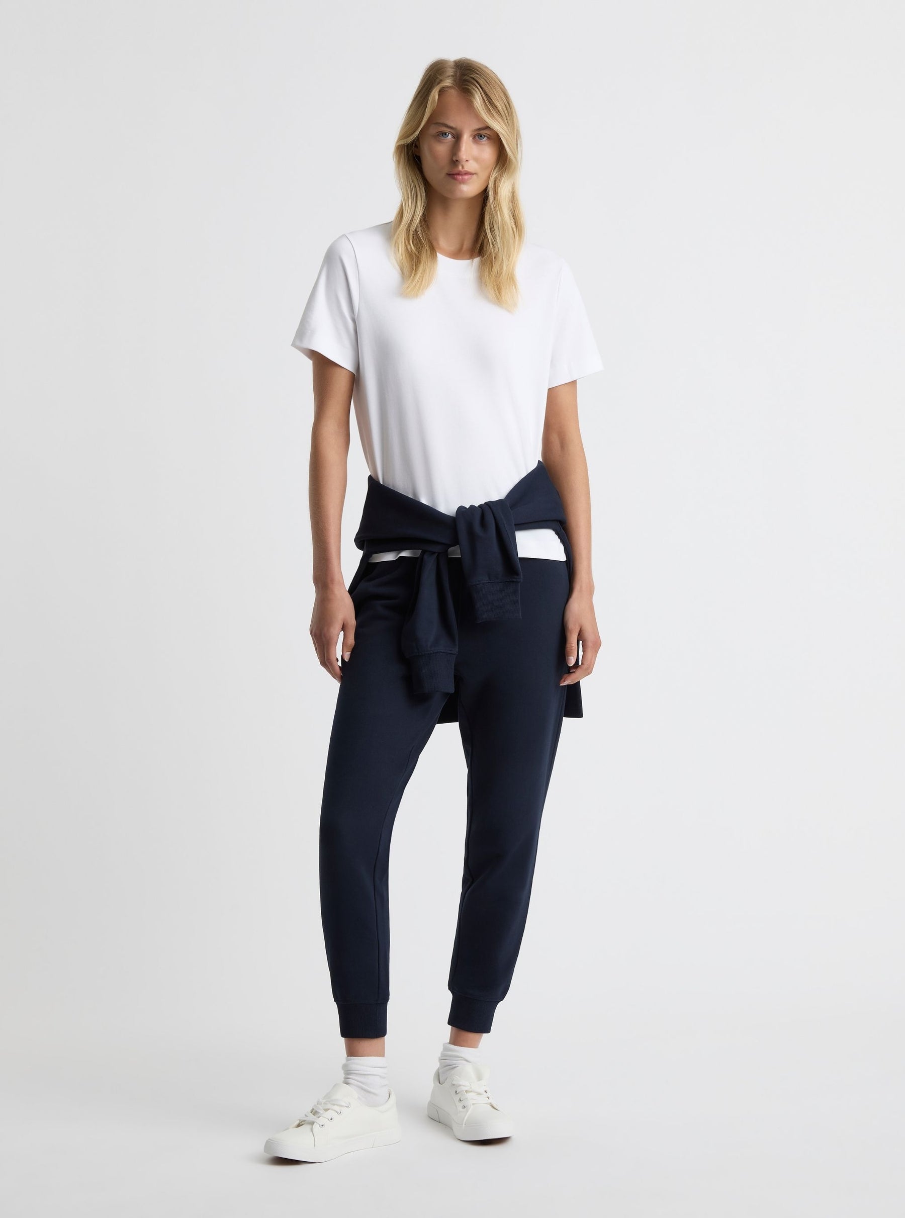 Navy|Good Earth Cotton® Sweatpants for women – Sustainable Cotton Sweatpants|Amelia is 5'11" and wearing a size S