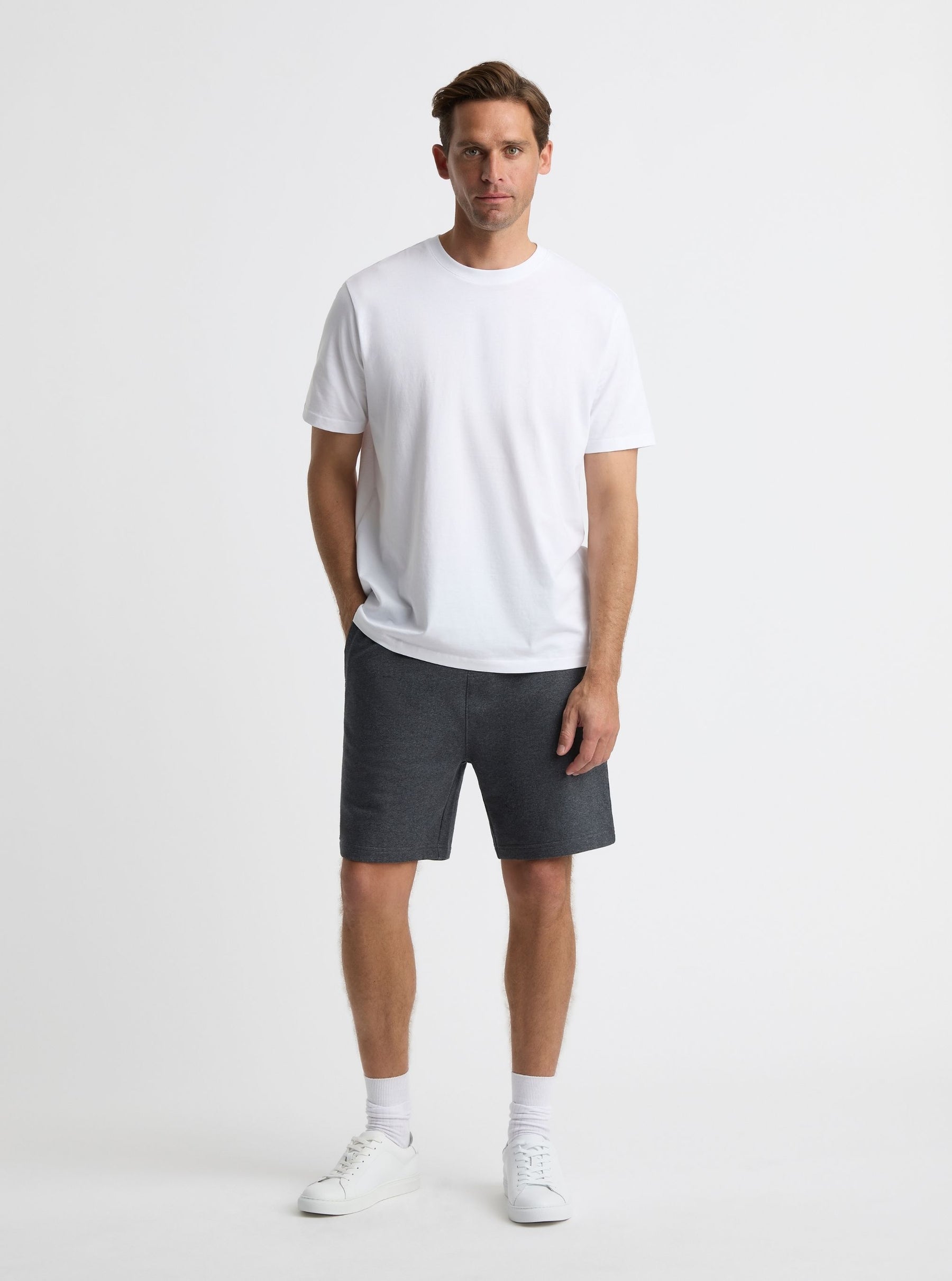 Charcoal Marl|Good Earth Cotton® Shorts for men – Sustainable Cotton Shorts|Broed is 6'1" and wearing a size L