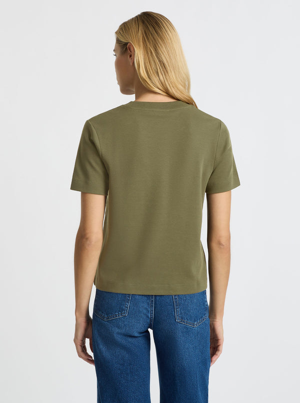 Dark Olive|Good Earth Cotton® Box Cut Tee – Sustainable Cotton T-shirt|Karolina is 5'10" and wearing a size S