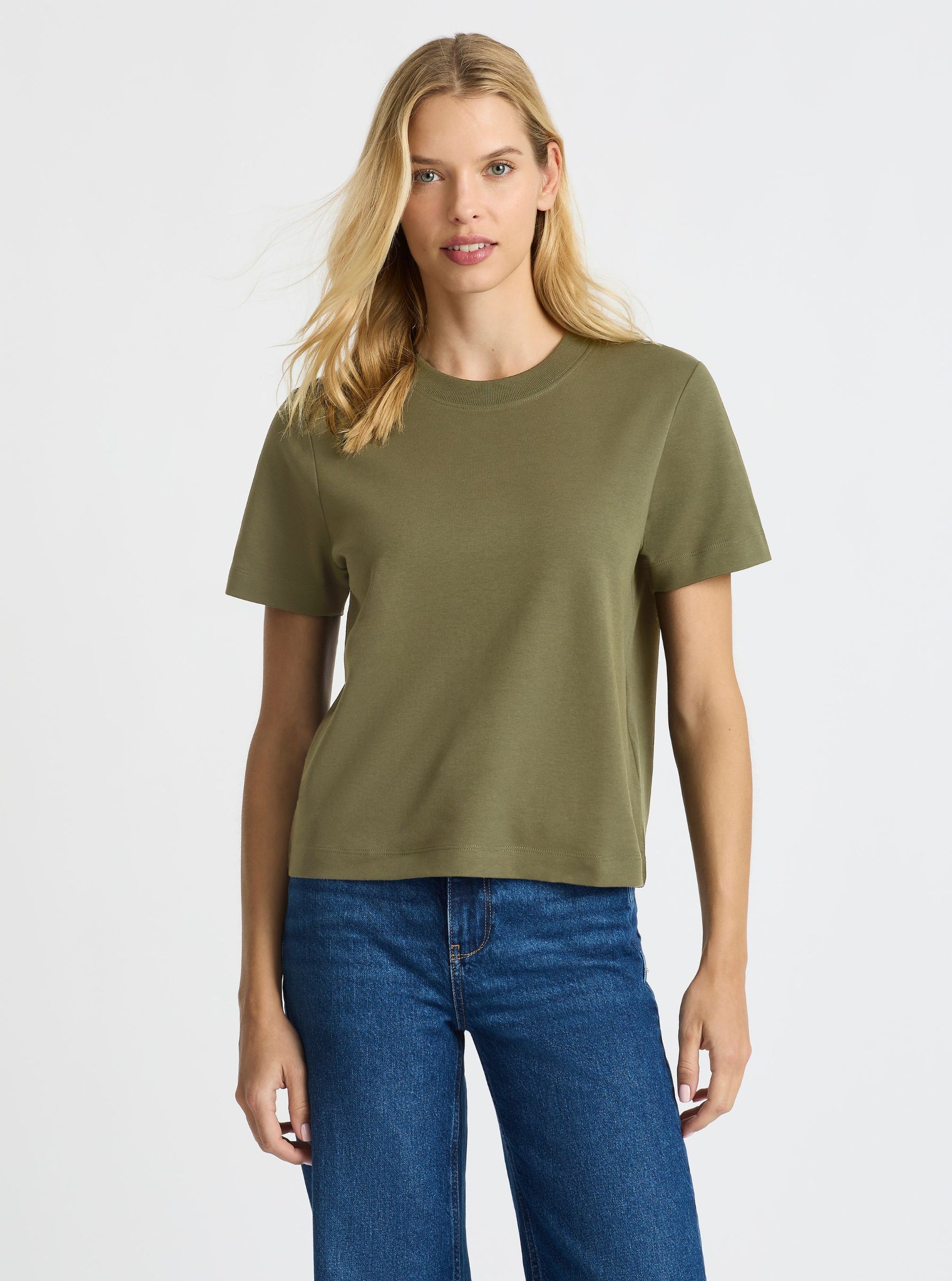 Dark Olive|Good Earth Cotton® Box Cut Tee – Sustainable Cotton T-shirt|Karolina is 5'10" and wearing a size S
