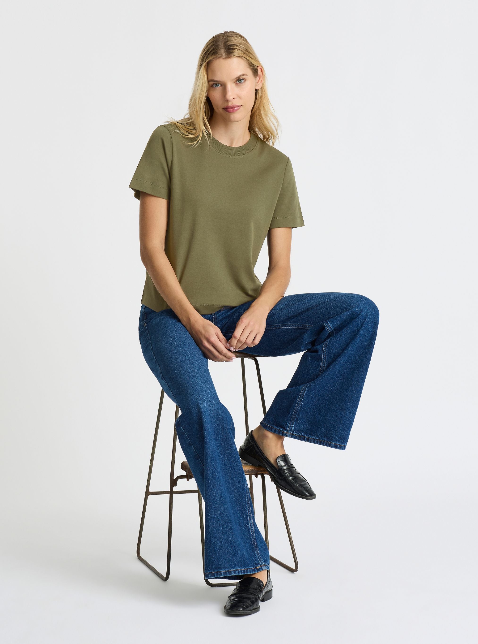Dark Olive|Good Earth Cotton® Box Cut Tee – Sustainable Cotton T-shirt|Karolina is 5'10" and wearing a size S