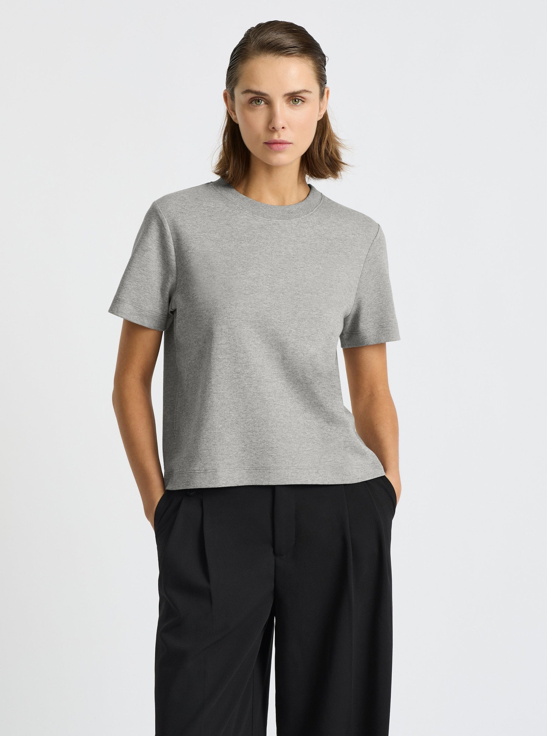Grey Marl|Good Earth Cotton® Box Cut Tee – Sustainable Cotton T-shirt|Stas is 5'10" and wearing a size S