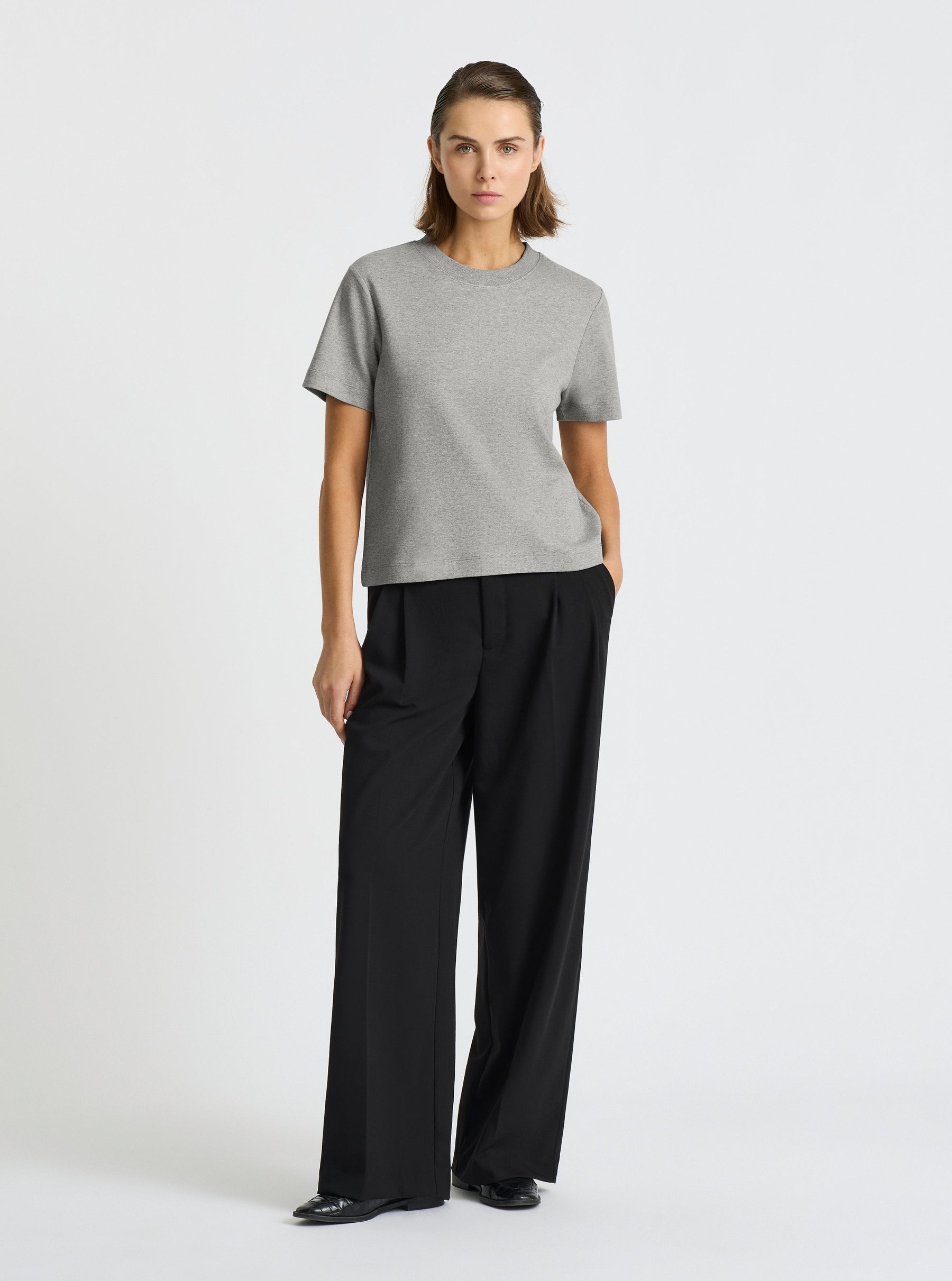 Grey Marl|Good Earth Cotton® Box Cut Tee – Sustainable Cotton T-shirt|Stas is 5'10" and wearing a size S