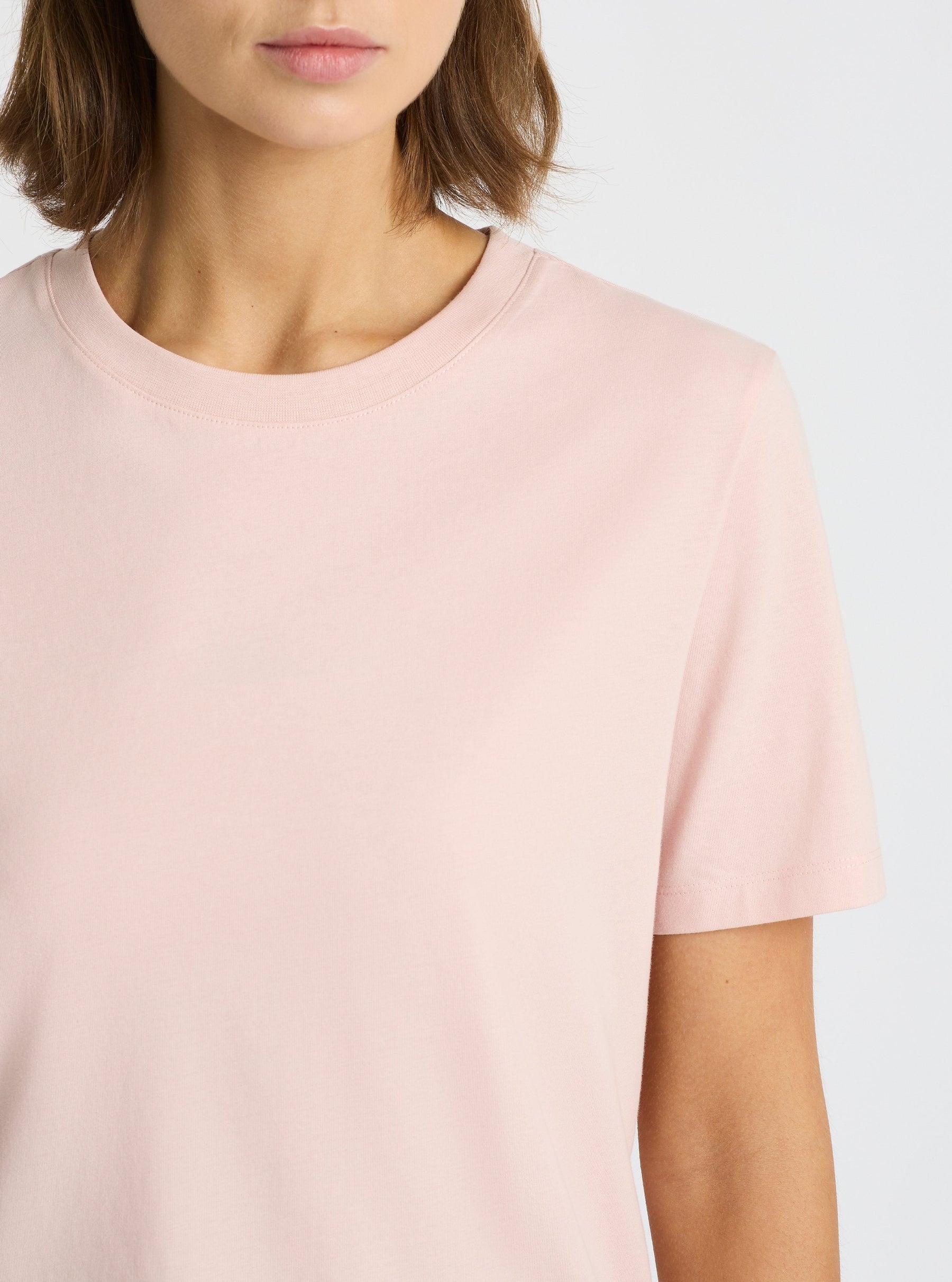 Light Pink|Good Earth Cotton® Classic Tee for women – Sustainable Cotton T-shirt|Stas is 5'10" and wearing a size S