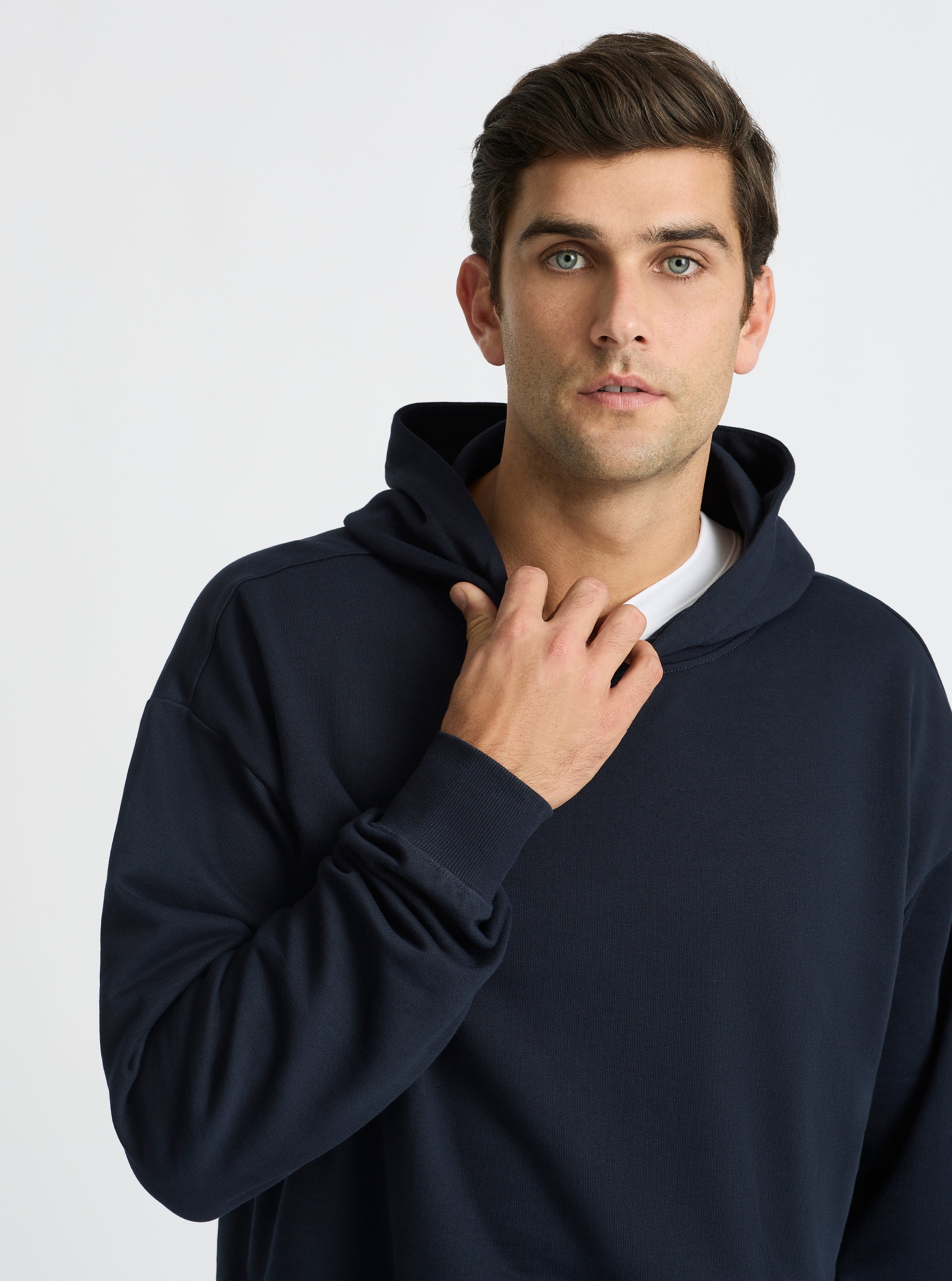 Navy|Good Earth Cotton® Hoodie for men – Sustainable Cotton Hoodie|Jack is 6’2” and wearing a size L