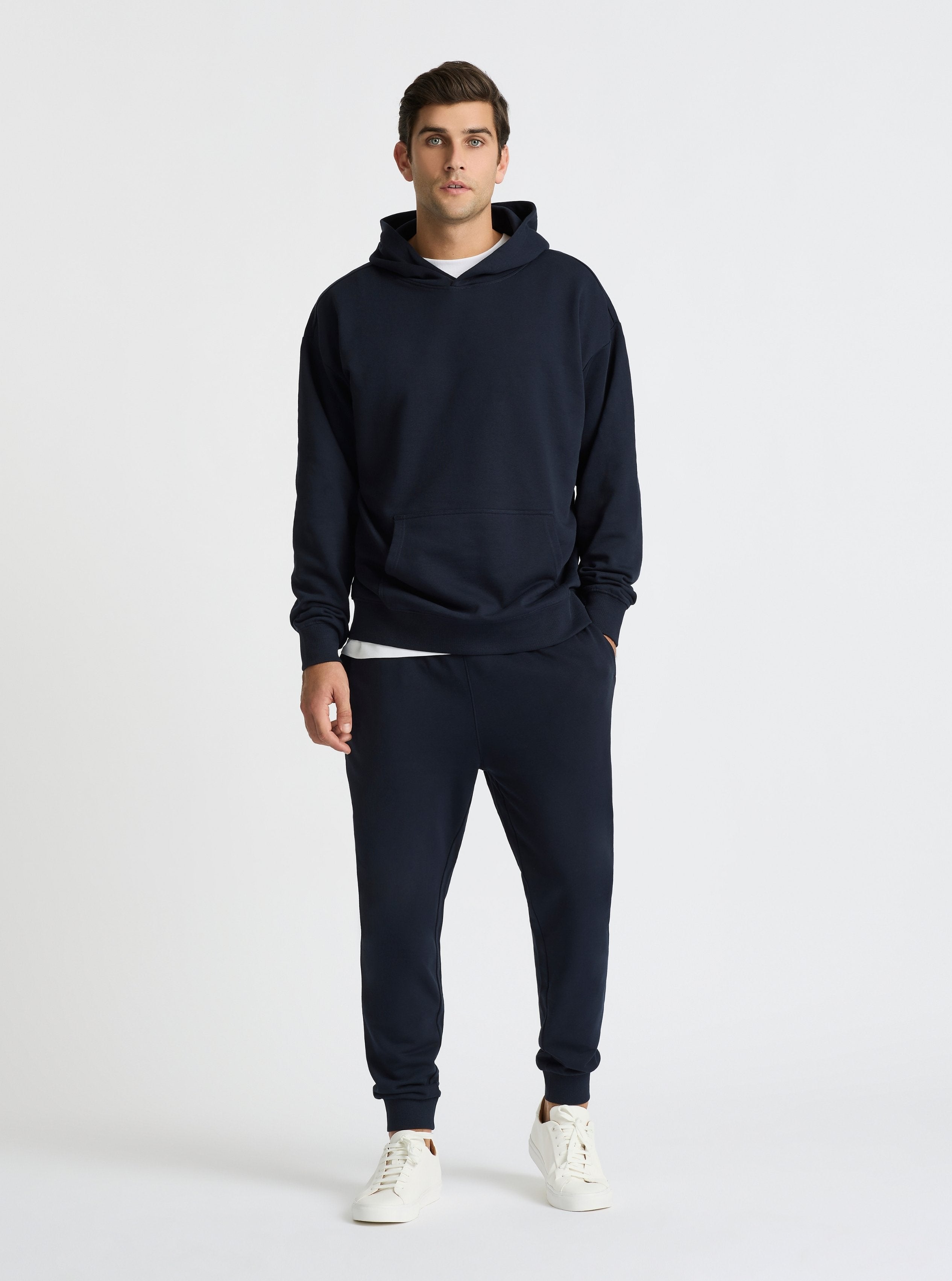 Navy|Good Earth Cotton® Hoodie for men – Sustainable Cotton Hoodie|Jack is 6’2” and wearing a size L