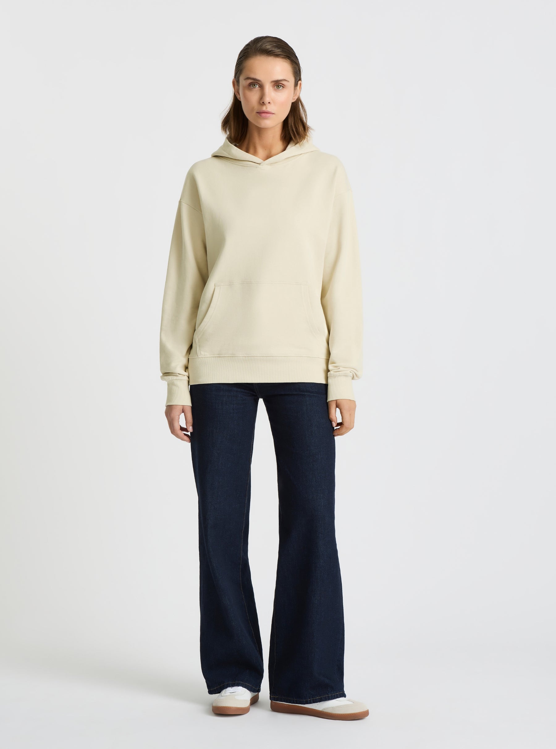 Ecru|Good Earth Cotton® Clean Hoodie – Sustainable Cotton Sweatshirt|Stas is 5'10" and wearing a size S