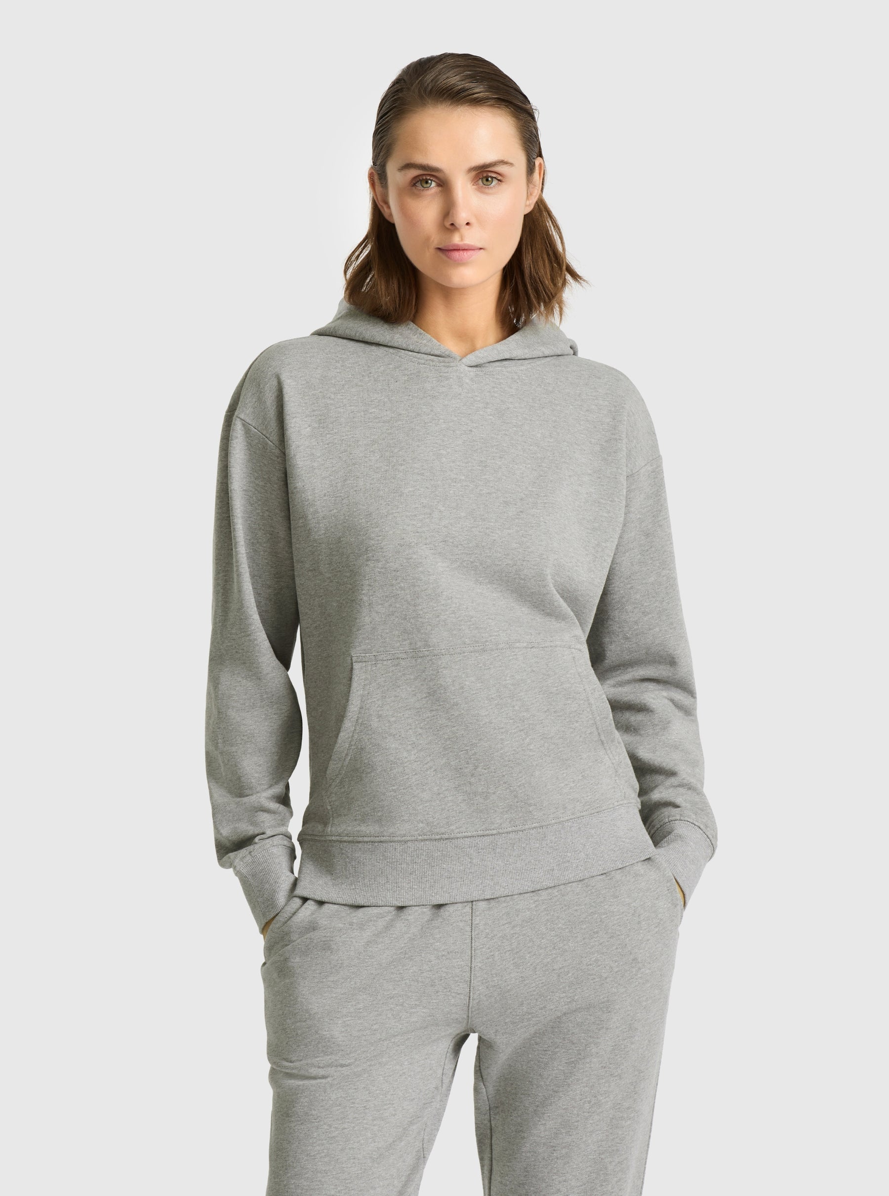 Grey Marl|Good Earth Cotton® Clean Hoodie – Sustainable Cotton Sweatshirt|Stas is 5'10" and wearing a size S