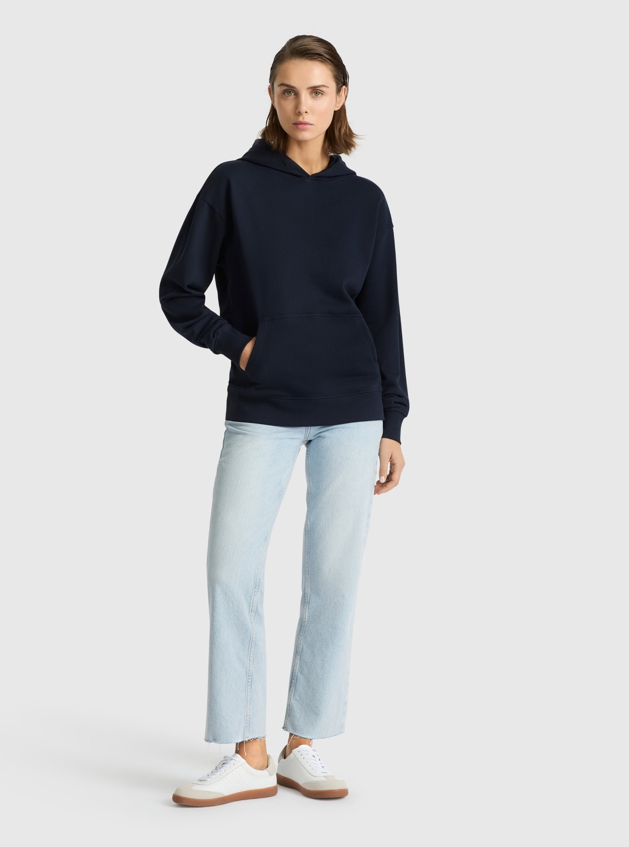 Navy|Good Earth Cotton® Clean Hoodie – Sustainable Cotton Sweatshirt|Stas is 5'10" and wearing a size S