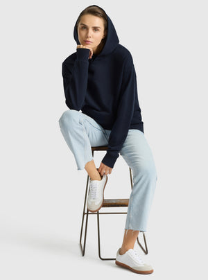 Navy|Good Earth Cotton® Clean Hoodie – Sustainable Cotton Sweatshirt|Stas is 5'10" and wearing a size S