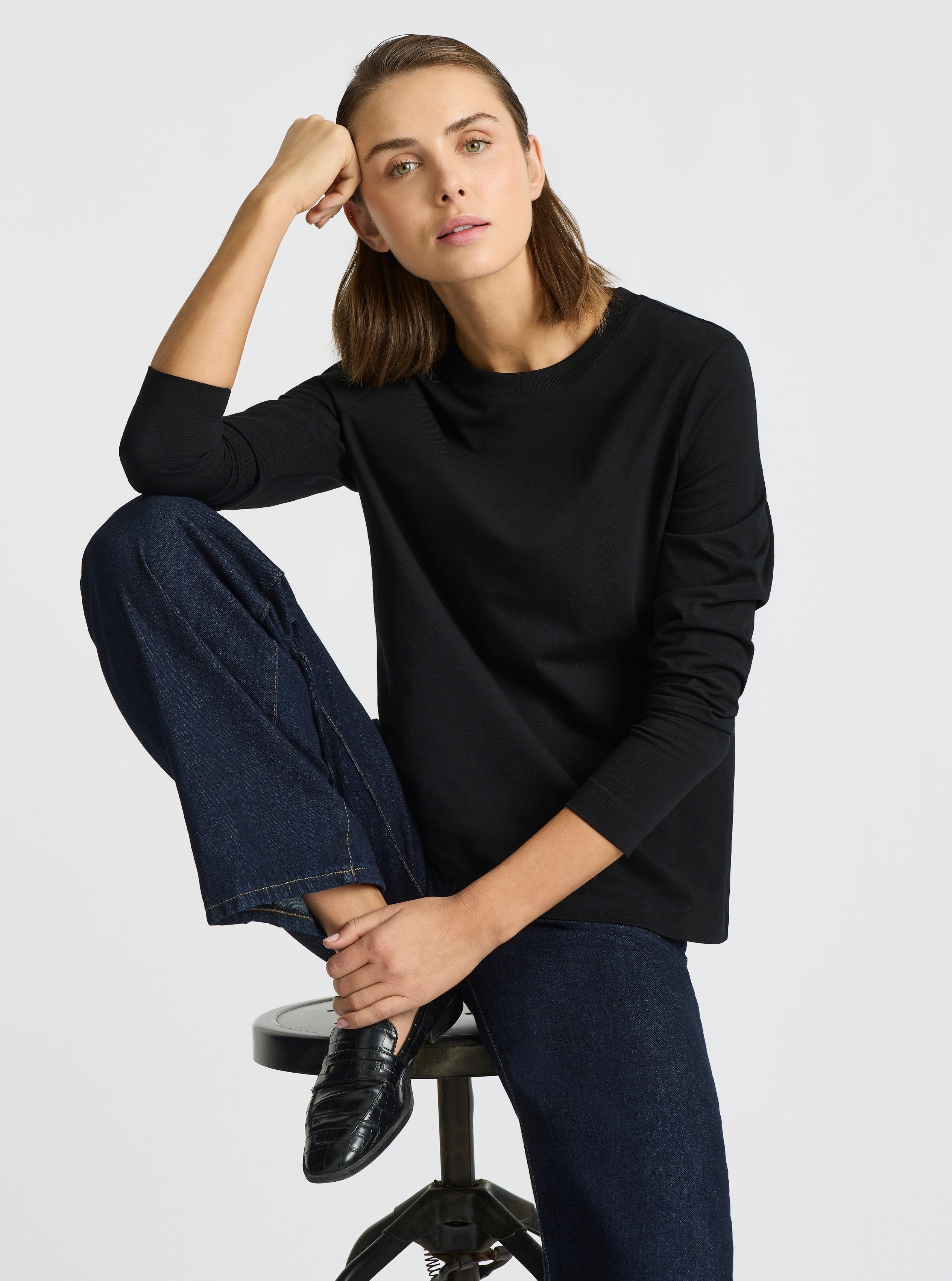 Black|Good Earth Cotton® Long Sleeve Tee – Sustainable Cotton T-shirt|Stas is 5'10" and wearing a size S