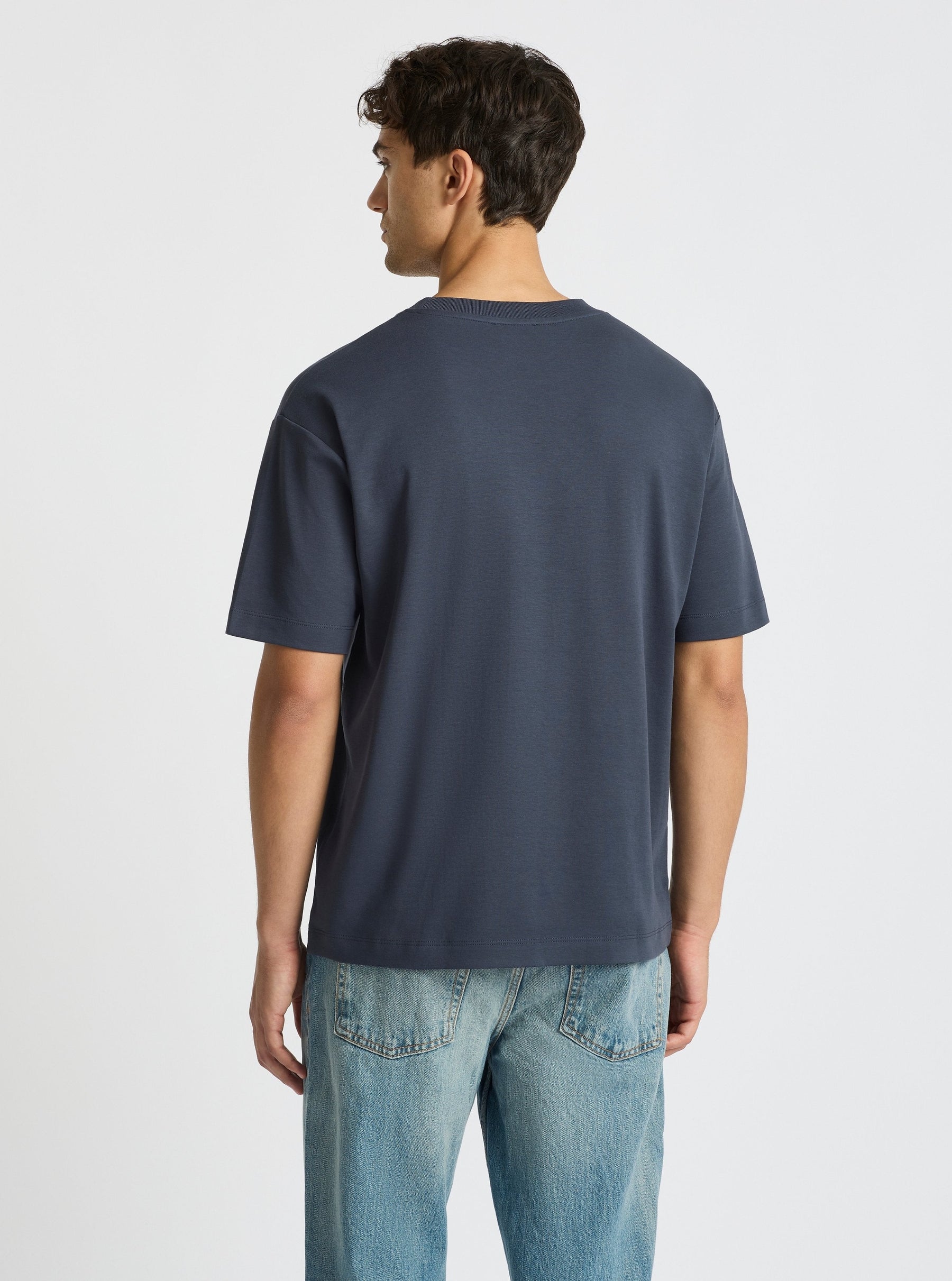 Slatel Blue|Good Earth Cotton® Oversized Tee – Sustainable Cotton T-shirt|Evans is 6’2” and wearing a size M