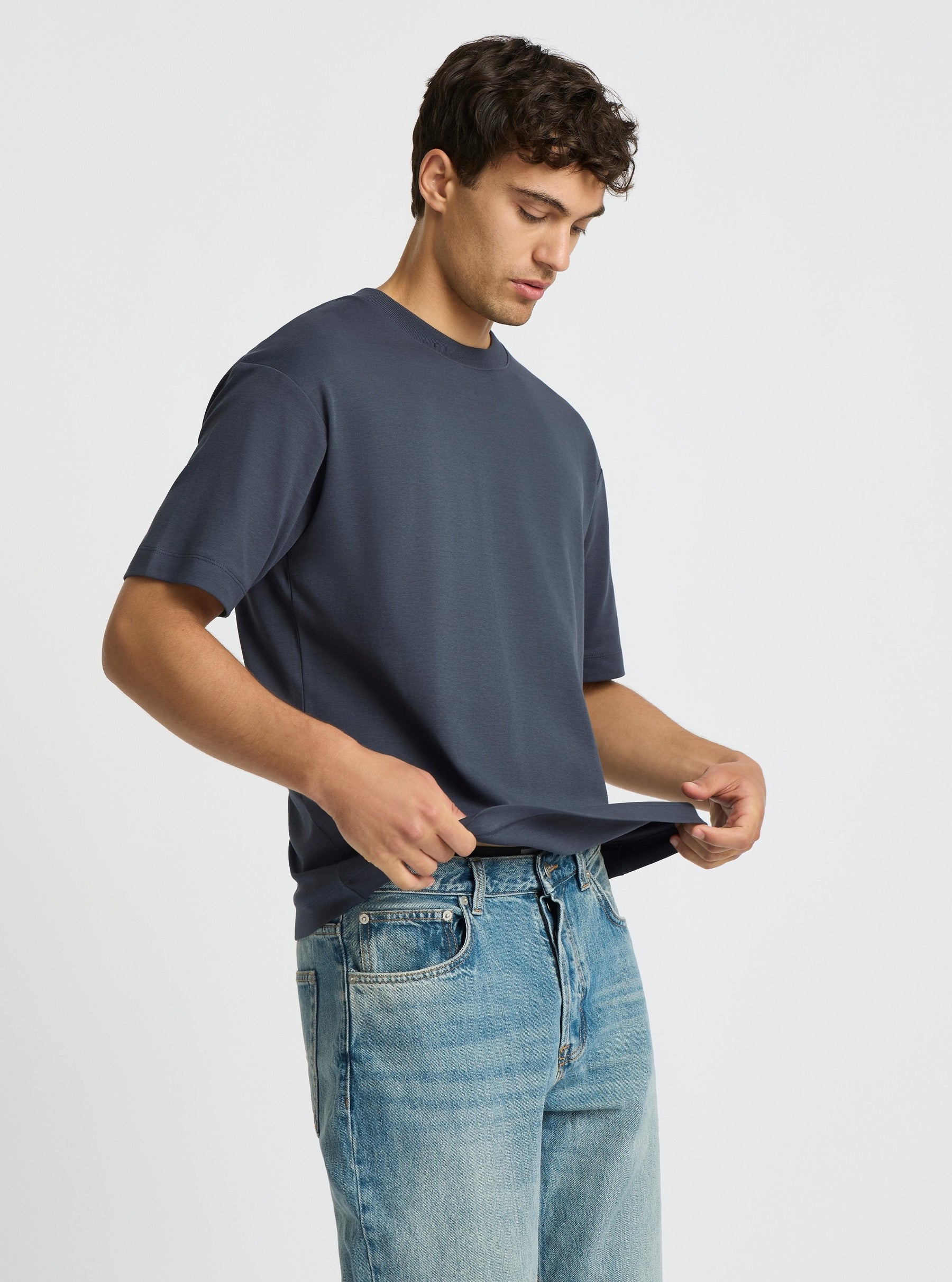 Slatel Blue|Good Earth Cotton® Oversized Tee – Sustainable Cotton T-shirt|Evans is 6’2” and wearing a size M