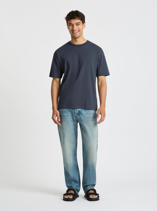 Slatel Blue|Good Earth Cotton® Oversized Tee – Sustainable Cotton T-shirt|Evans is 6’2” and wearing a size M