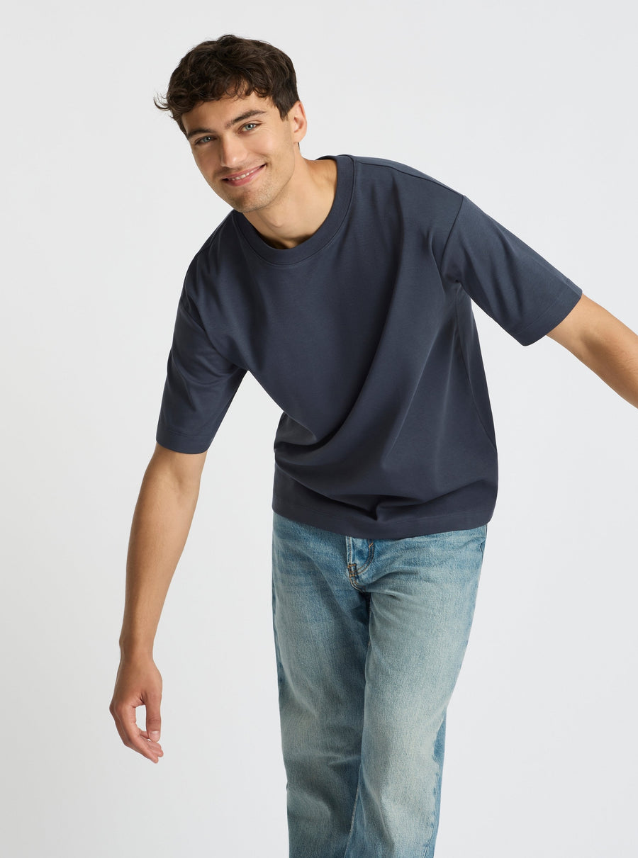 Slatel Blue|Good Earth Cotton® Oversized Tee – Sustainable Cotton T-shirt|Evans is 6’2” and wearing a size M