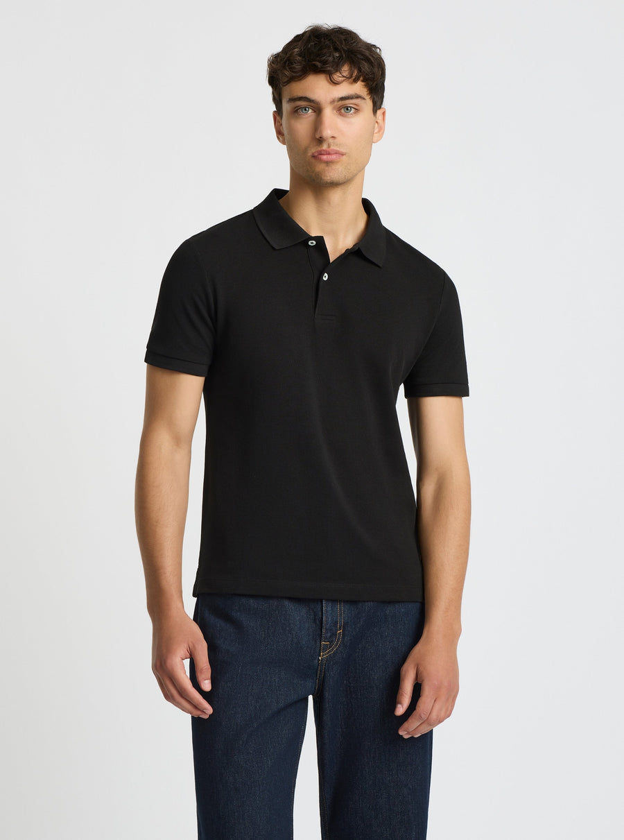Black|Good Earth Cotton® Polo – Sustainable Cotton Polo|Evans is 6’2” and wearing a size M