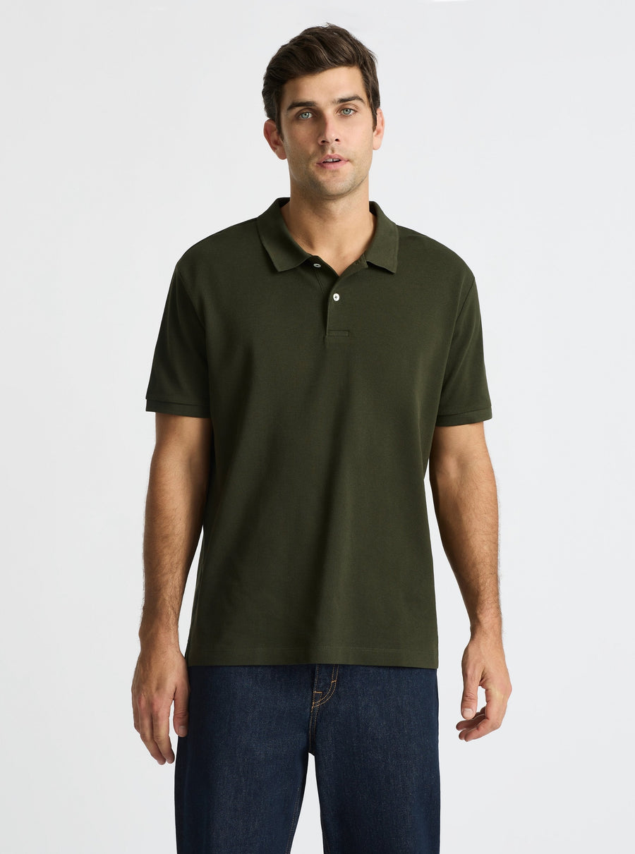 Dark Olive|Good Earth Cotton® Polo – Sustainable Cotton Polo|Jack is 6’2” and wearing a size L