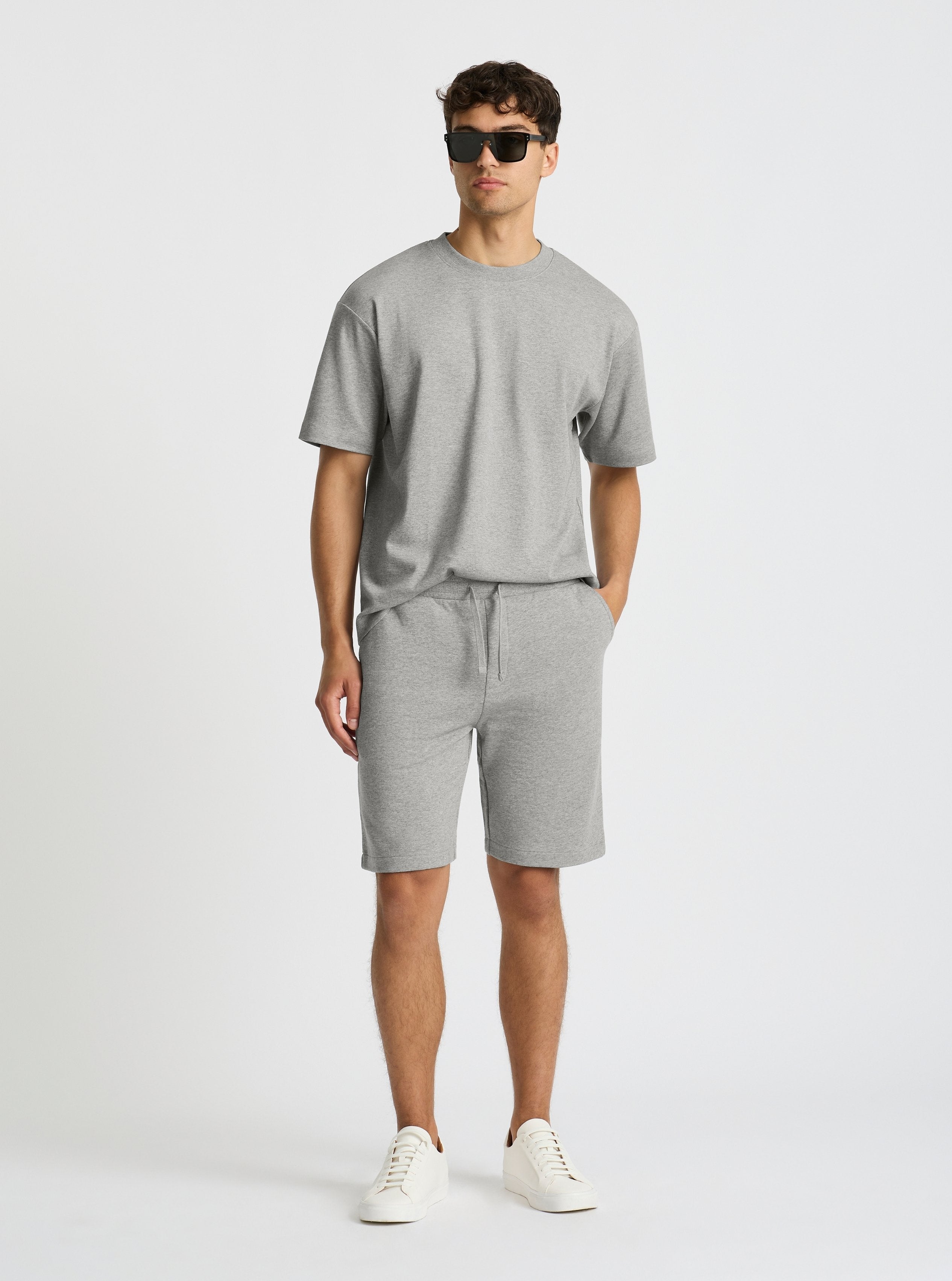 Grey Marl|Good Earth Cotton® Shorts for men – Sustainable Cotton Shorts|Evans is 6’2” and wearing a size M