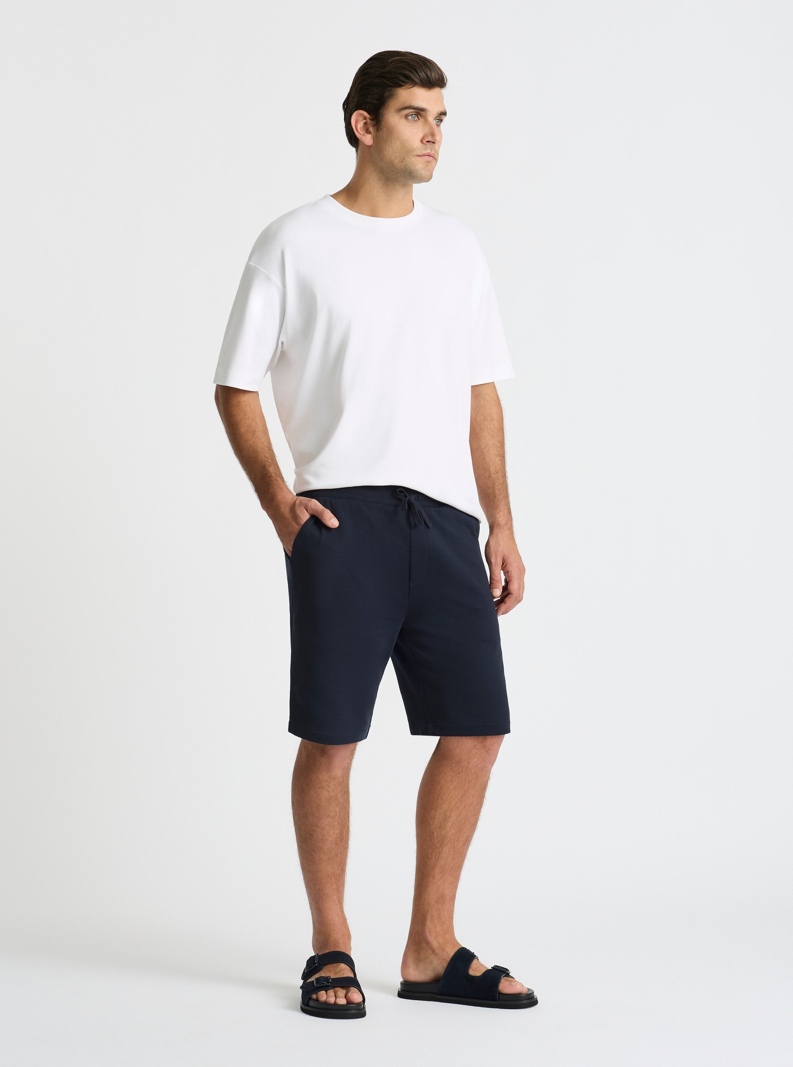 Navy|Good Earth Cotton® Shorts – Sustainable Cotton Shorts|Jack is 6’2” and wearing a size L